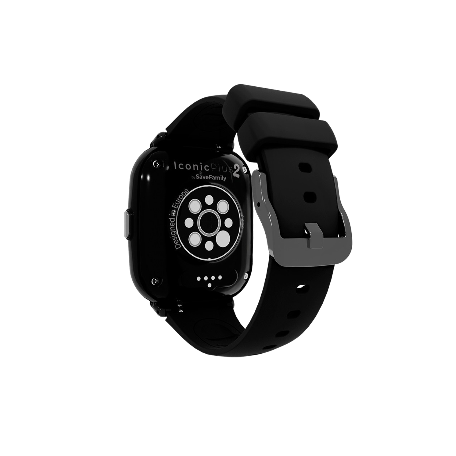 Eine schwarze Smartwatch mit schwarzem Armband, grauer Schnalle und dem IconicPlus-Logo auf der Rückseite.