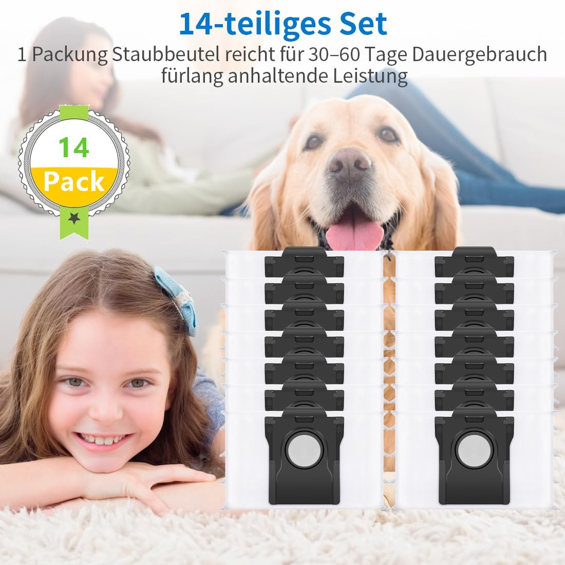 Das Bild zeigt ein lächelndes Mädchen, einen Golden Retriever und Staubsaugerbeutel. Text deutet auf ein 14-teiliges Set für dauerhaften Gebrauch hin.