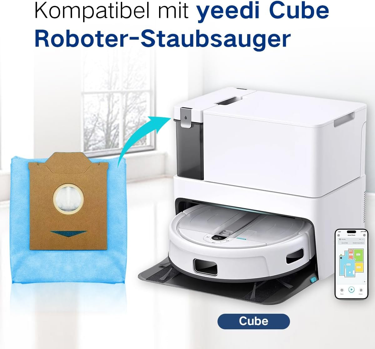 Ein weißer Roboterstaubsauger, eine blaue Tüte, ein Smartphone mit Karte und Text 'Cube'.
