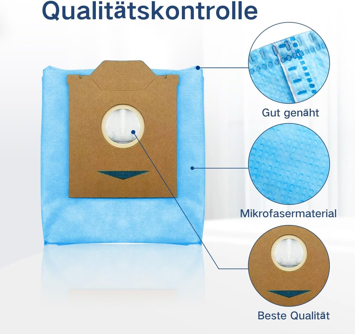 Staubsaugerbeutel mit Details: genähter Rand, Mikrofaser-Material und beste Qualität. Text auf Deutsch 'Qualitätskontrolle'.