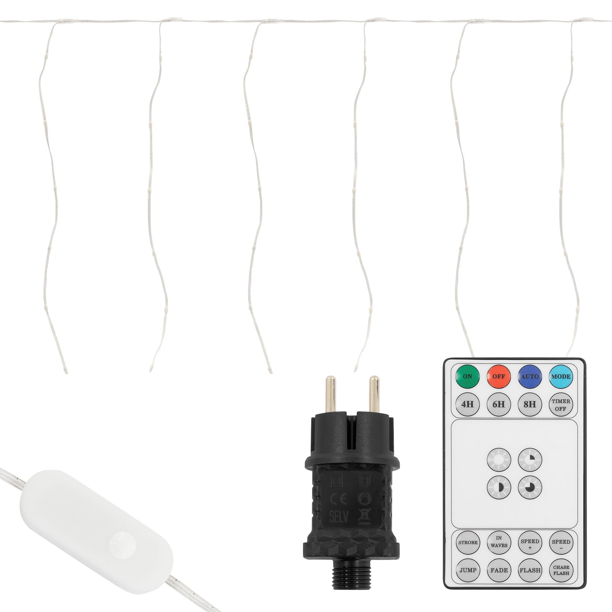 Lichterketten, Netzstecker, Fernbedienung mit Ein/Aus, Timer und Modi, einschließlich eines weißen Schalters.