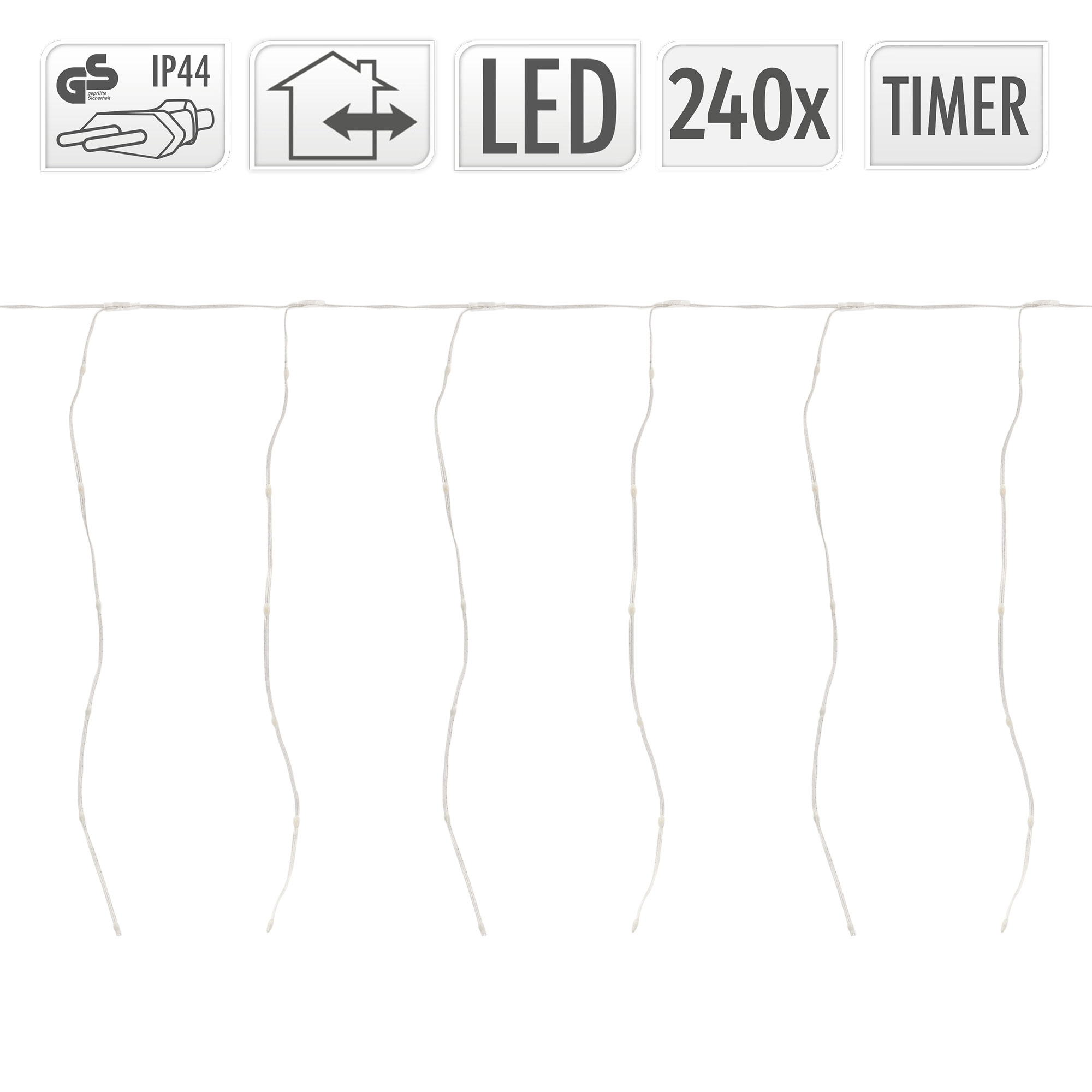 Lichterkette mit LED-Leuchten, IP44, Timer und 240x Leuchten. Weißer Hintergrund. Top: GS, IP44, Haus, LED, 240x, TIMER.