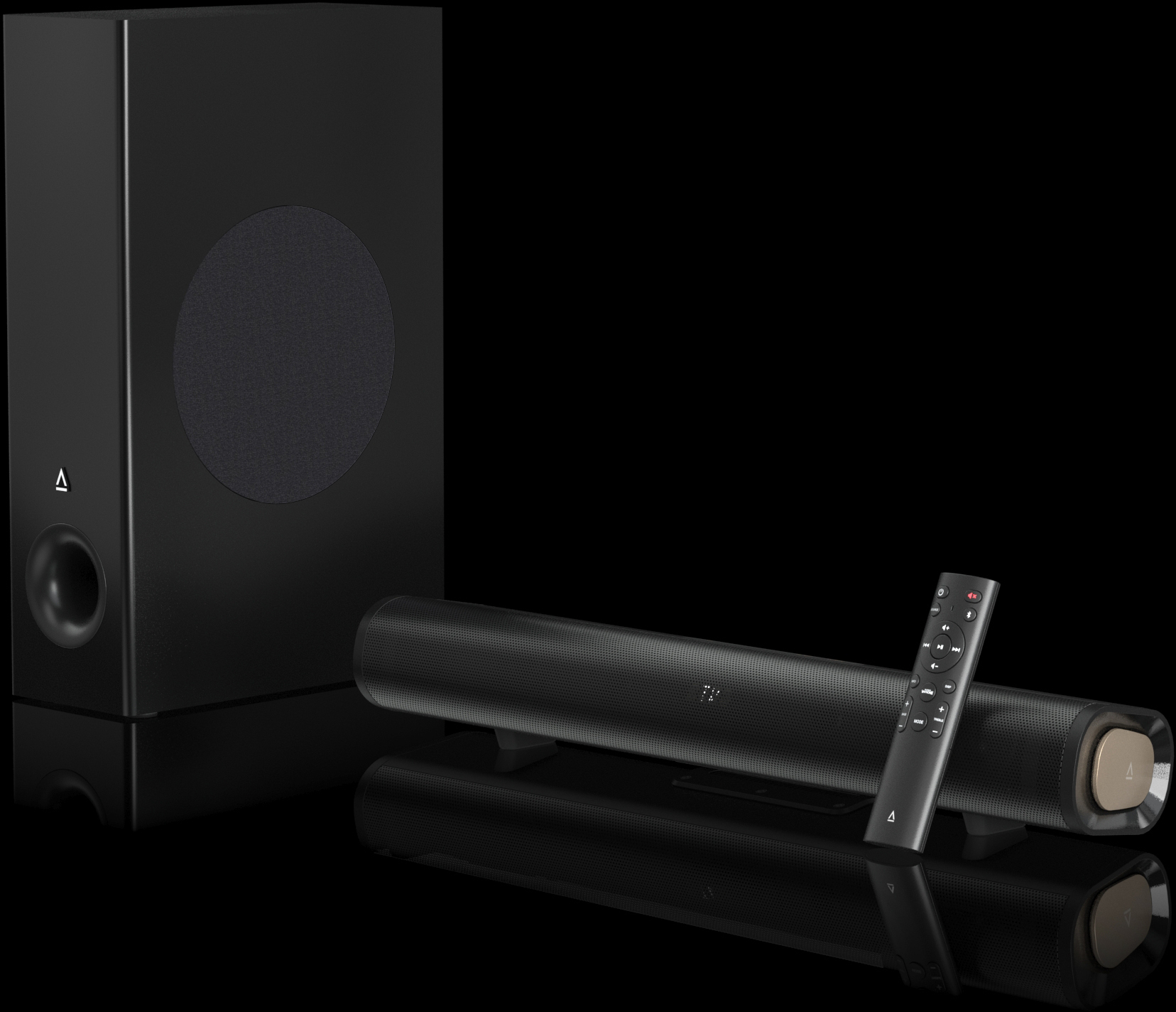 Un système audio noir avec un caisson de basses, une barre de son et une télécommande sur une surface réfléchissante. Le système est noir.