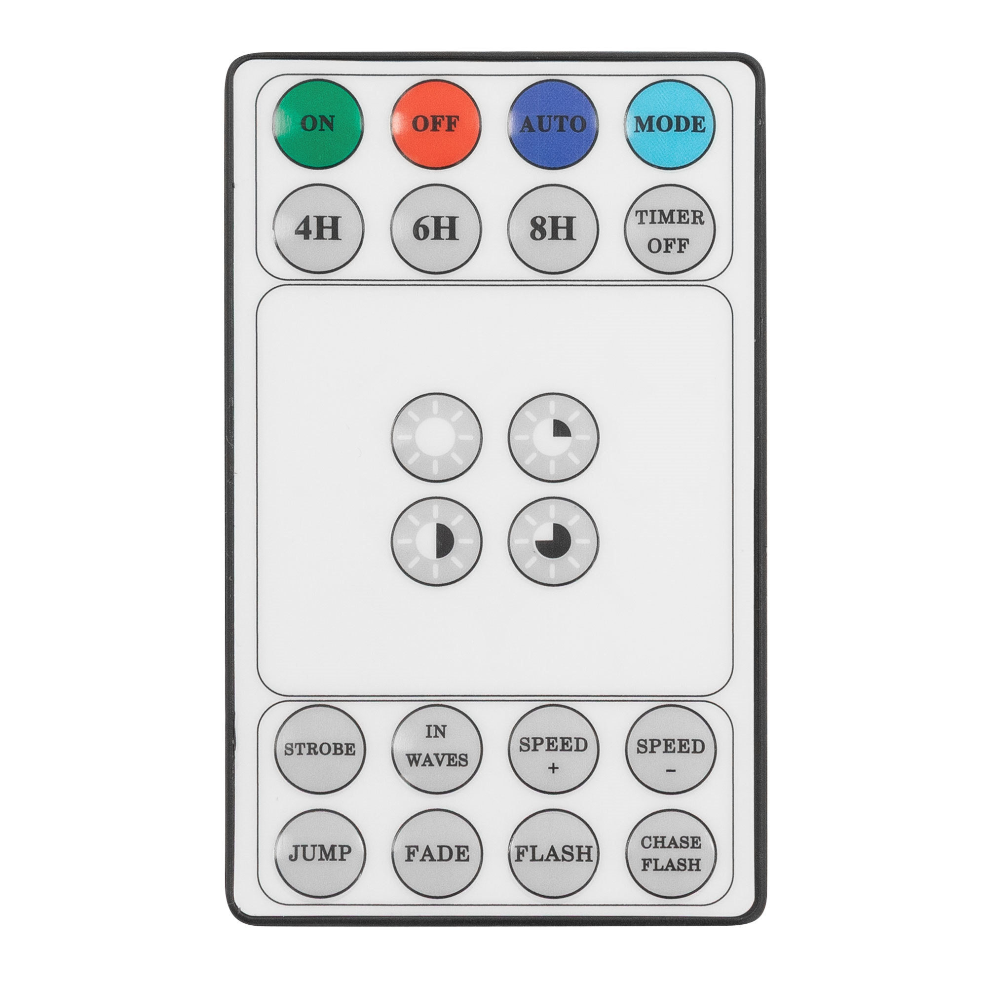 Eine rechteckige Fernbedienung mit den Tasten ON, OFF, AUTO, MODE, 4H, 6H, 8H, TIMER OFF und Lichteffektoptionen.