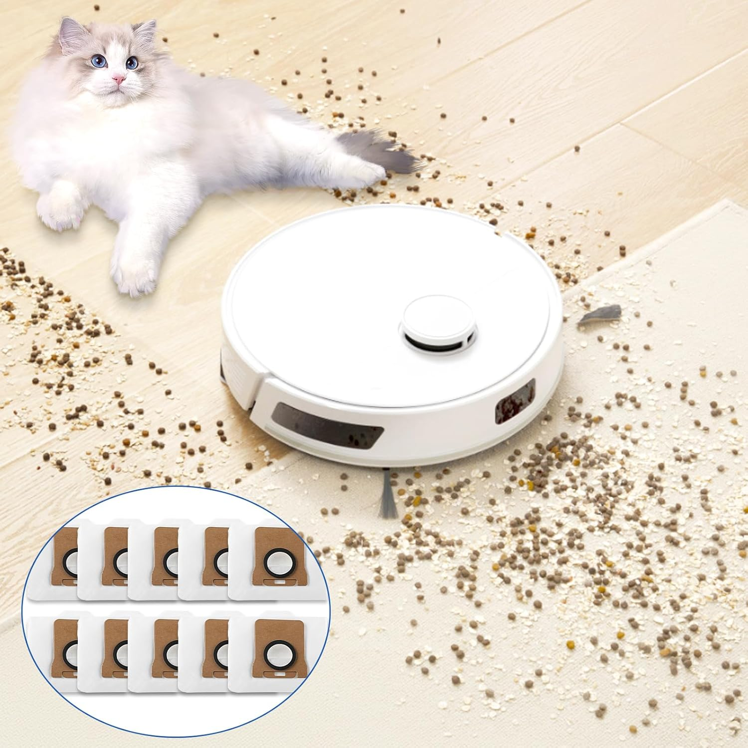 Ein weißer Roboterstaubsauger, eine flauschige Katze und verstreute Ablagerungen auf dem Boden sowie Staubsaugerbeutel.