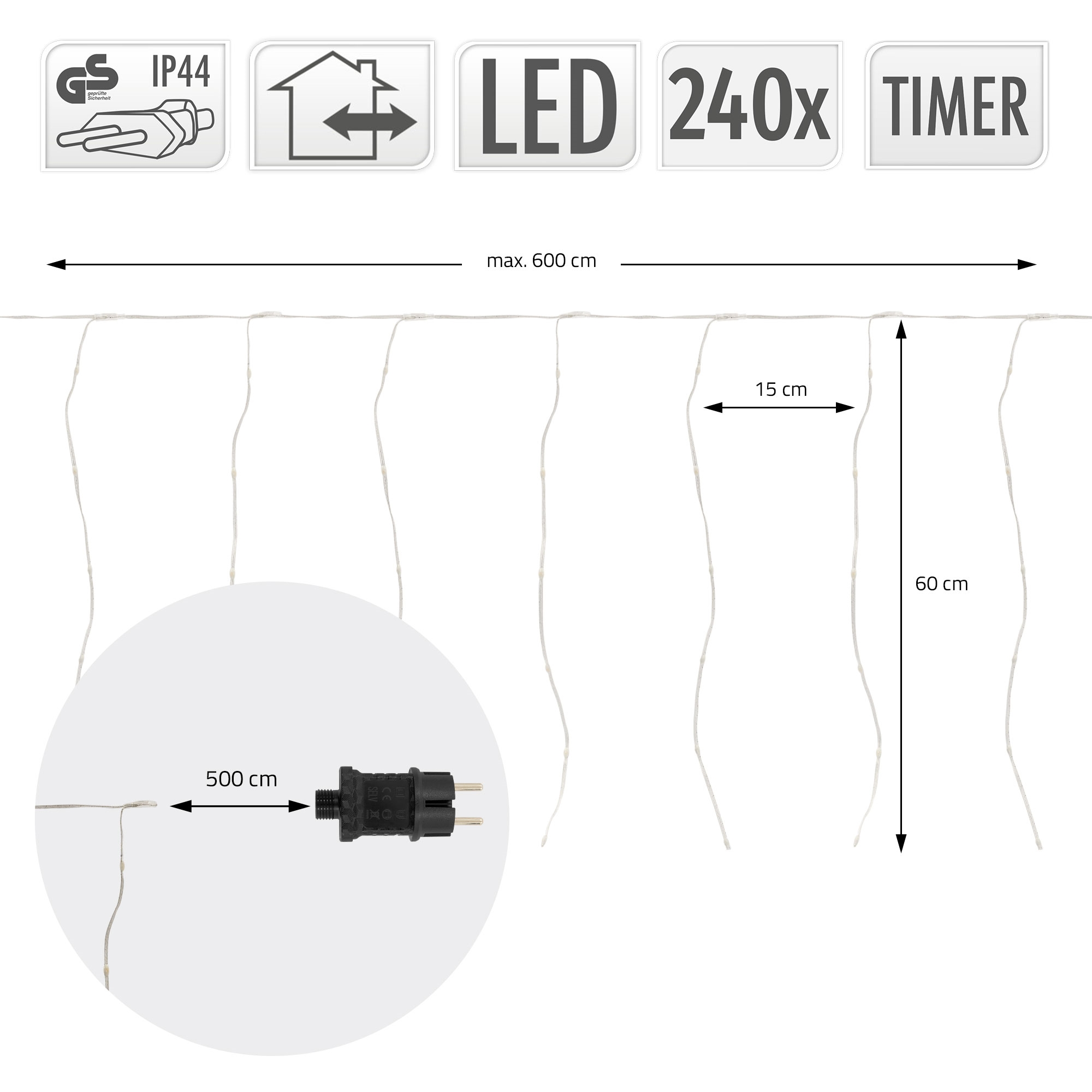 Das Bild zeigt eine LED-Lichterkette mit Messungen. Sie hat einen Stecker und verschiedene Symbole, darunter IP44 und einen Timer.