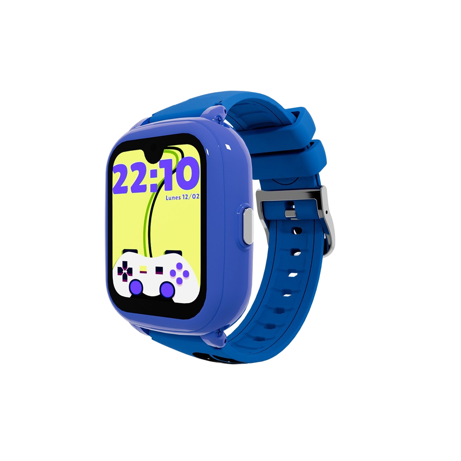 Blaue Smartwatch mit Spielcontroller-Anzeige, die 22:10 zeigt. Blauer Riemen ist mit der Uhr verbunden.