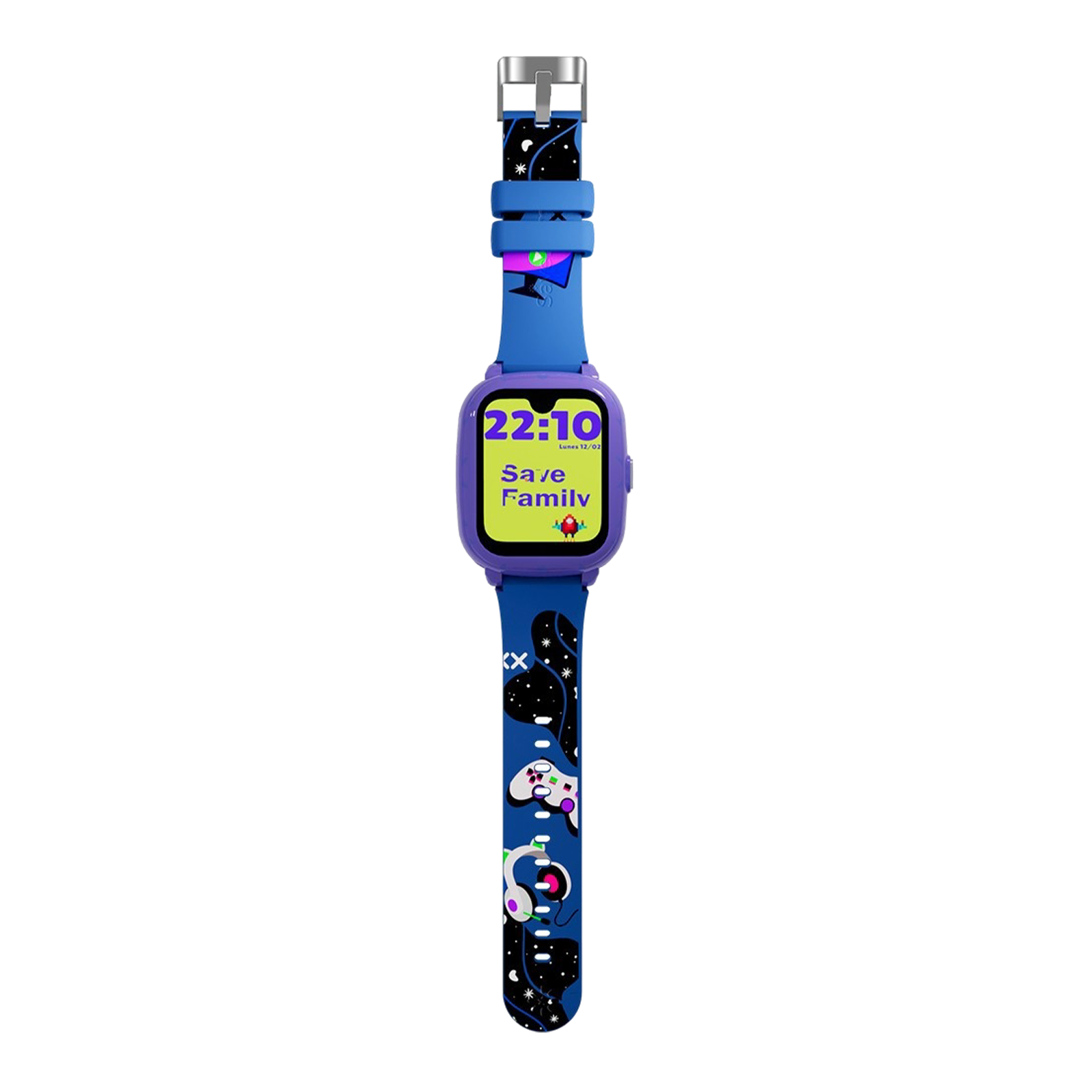 Eine lila Smartwatch mit blauem Armband mit Spielcontrollern und Weltraumelementen. Der Bildschirm zeigt 22:10 und 'Save Family'.