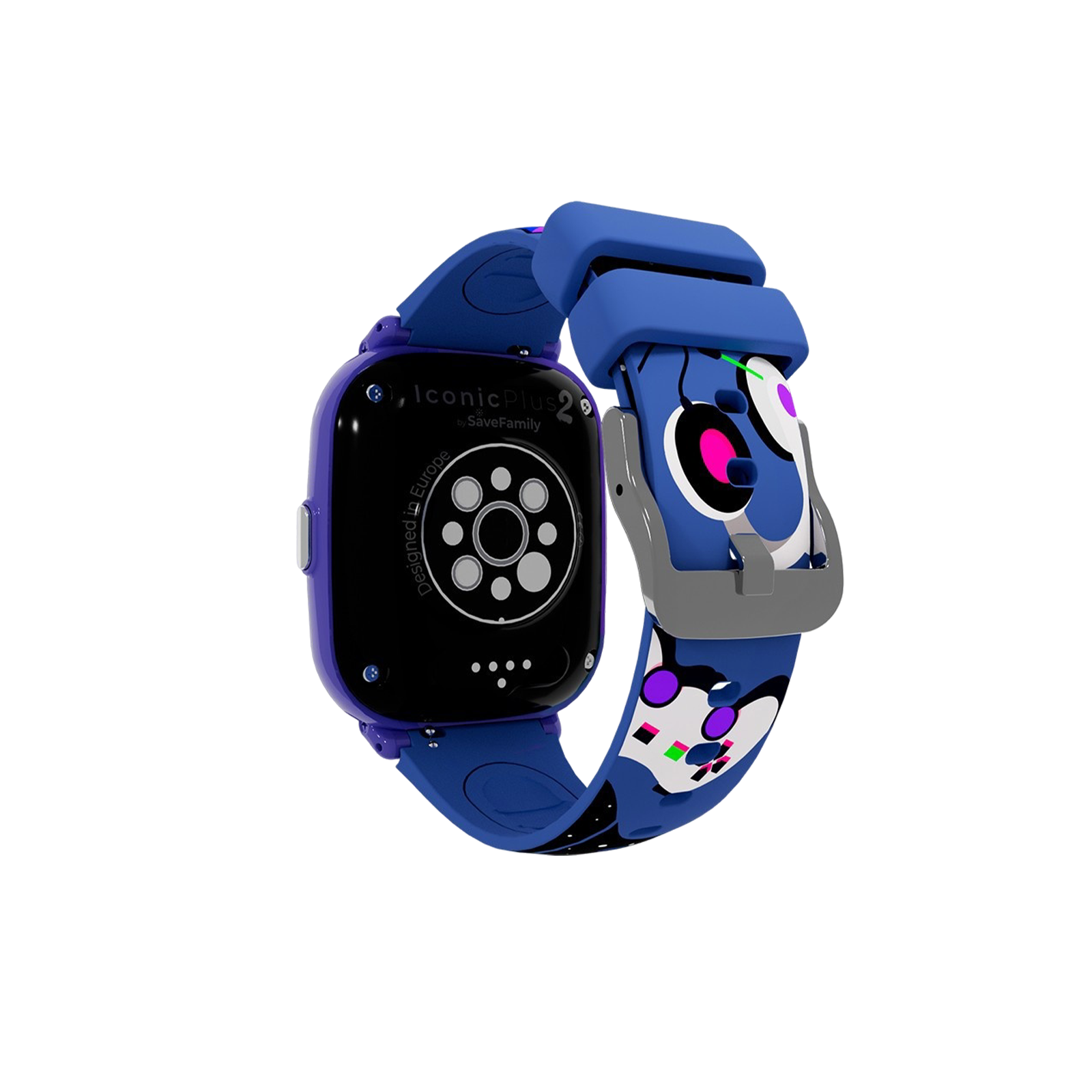 Eine blaue Smartwatch mit gemustertem Armband. Das Zifferblatt ist schwarz mit einem lila Rahmen. Das Armband hat Cartoon-Gesichter.
