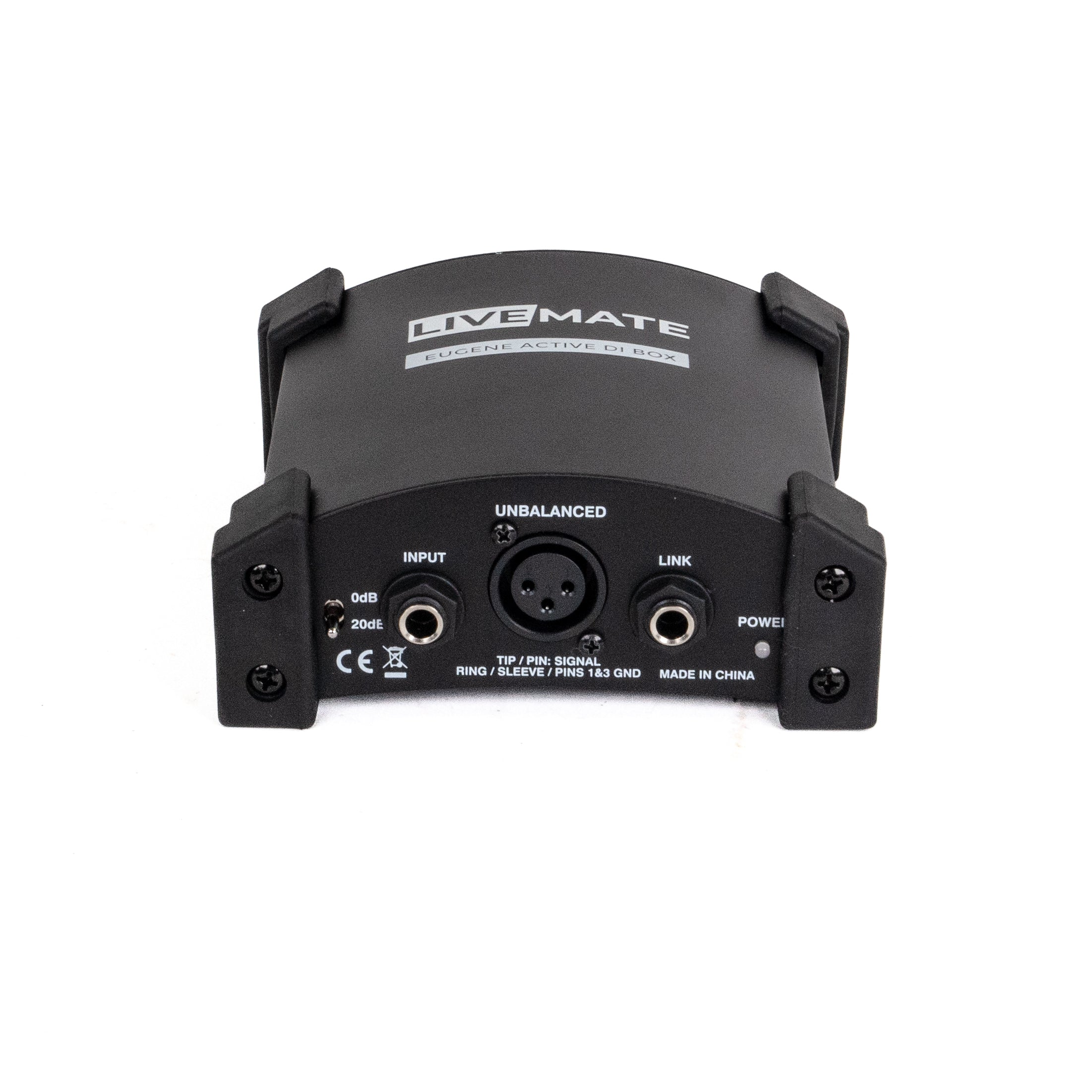 Eine schwarze Livemate DI-Box. Sie hat Eingangs-, Link- und Stromanschlüsse. Oben steht Livemate und Eugene Active DI Box.
