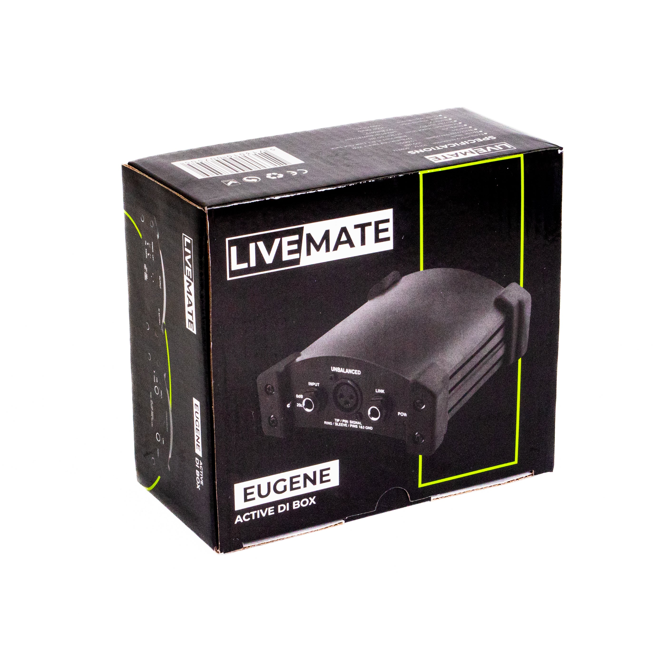 Eine schwarze Livemate Eugene Active DI Box auf weißem Hintergrund. Text enthält 'Livemate' und 'Eugene Active DI Box'.