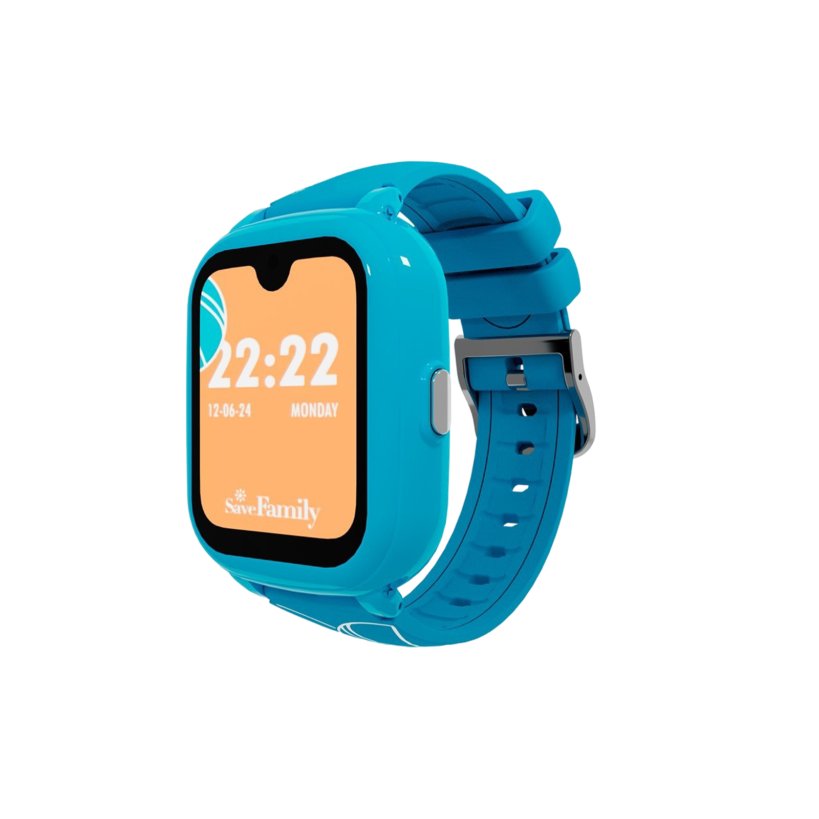 Eine blaue Smartwatch zeigt 22:22 und Montag an. Die Uhr hat ein blaues Armband mit Metallschnalle und schwarzem Bildschirm.