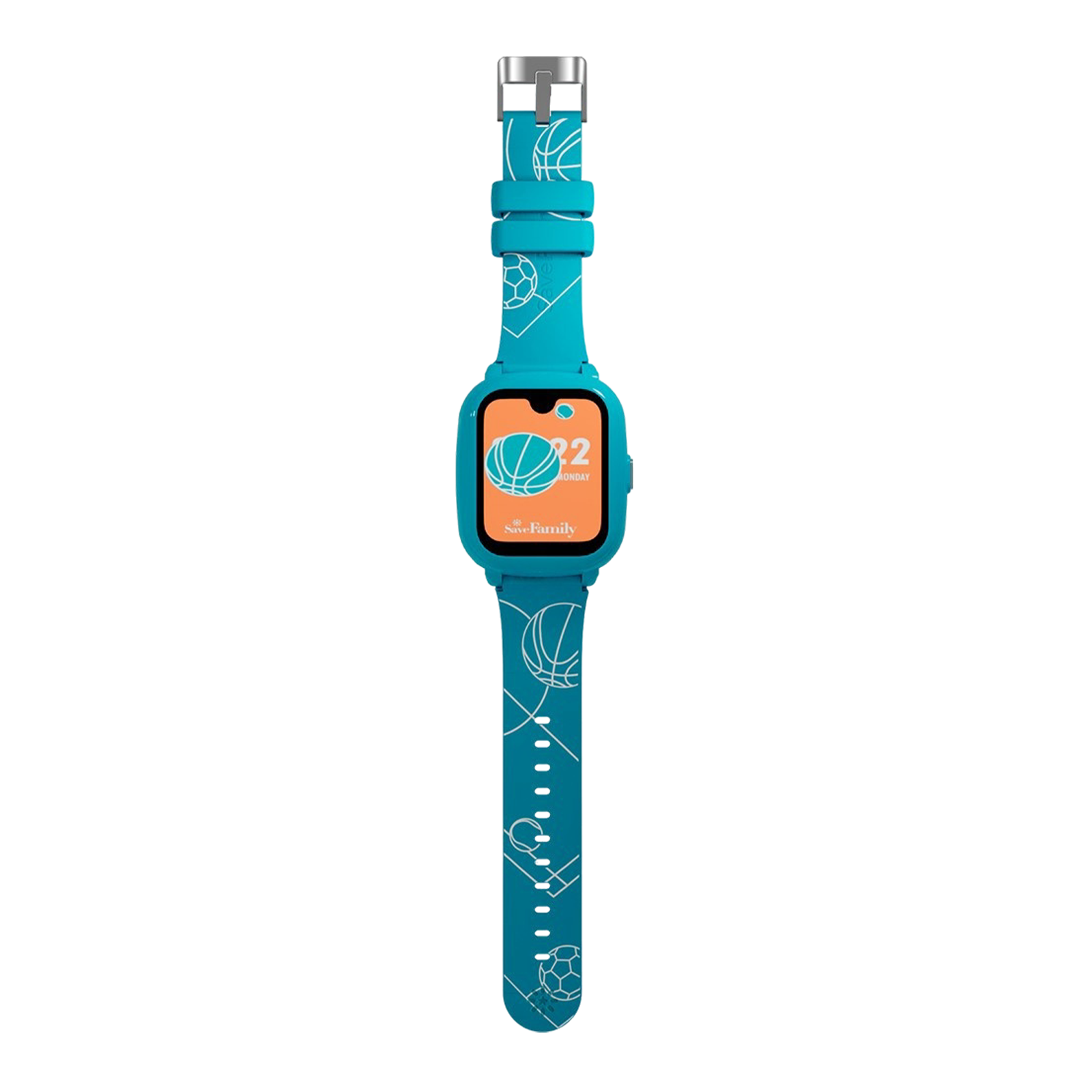 Eine türkisfarbene Smartwatch mit Basketball-Design auf Armband und Zifferblatt. Die Uhr zeigt Datum und Uhrzeit.
