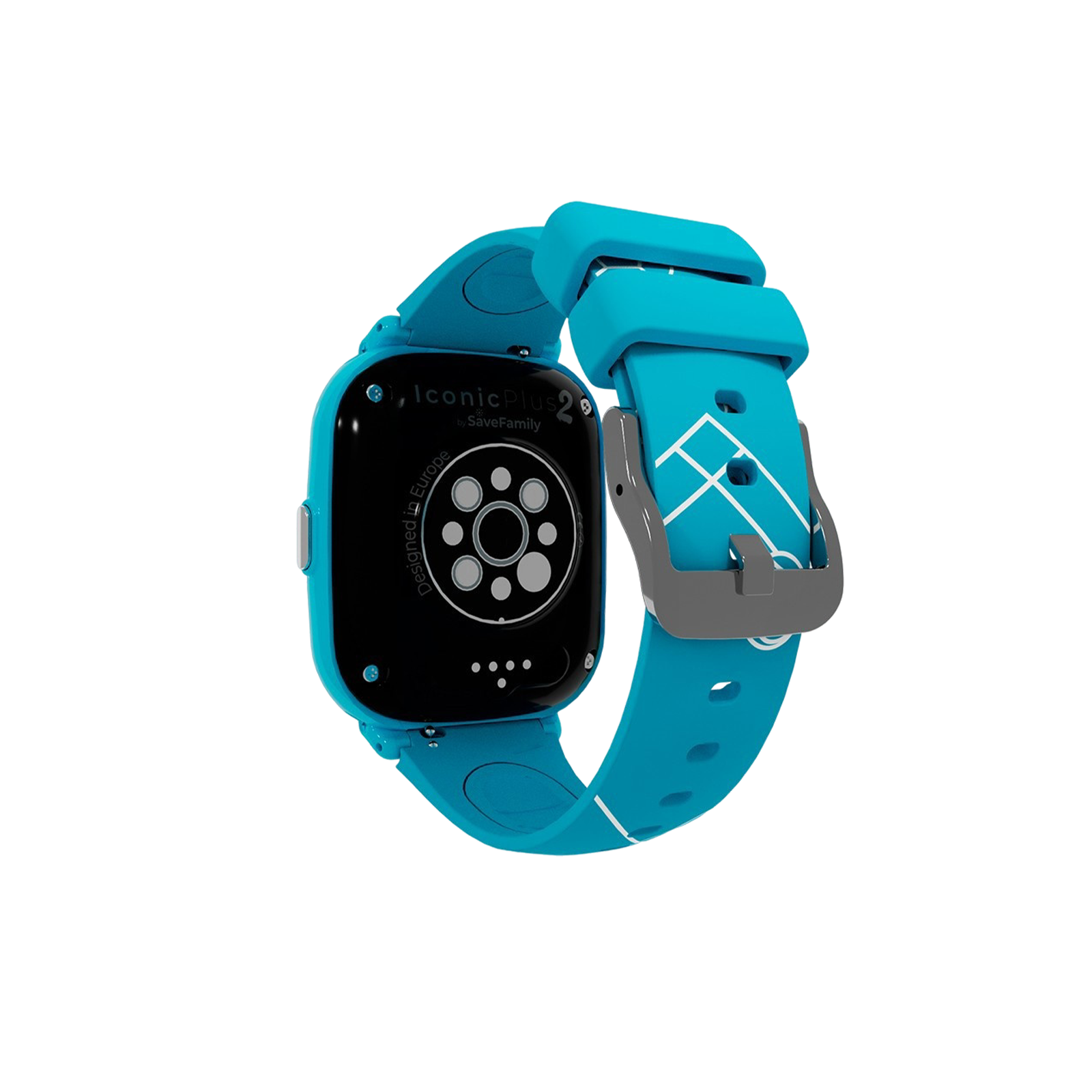 Eine blaue Smartwatch mit schwarzem Bildschirm. Sie hat ein blaues Armband mit einer grauen Schnalle. Die Uhr ist mit 'IconicPlus2' beschriftet.