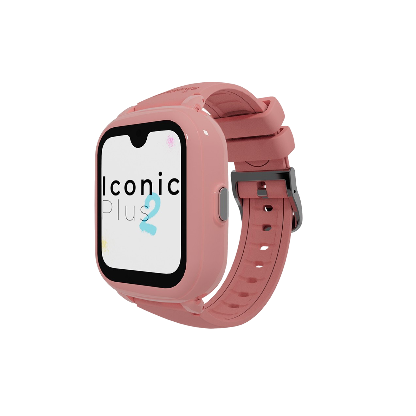 Eine rosa Smartwatch mit den Worten Iconic Plus 2 auf dem Bildschirm. Es hat ein rosa Armband und eine schwarze Schnalle.