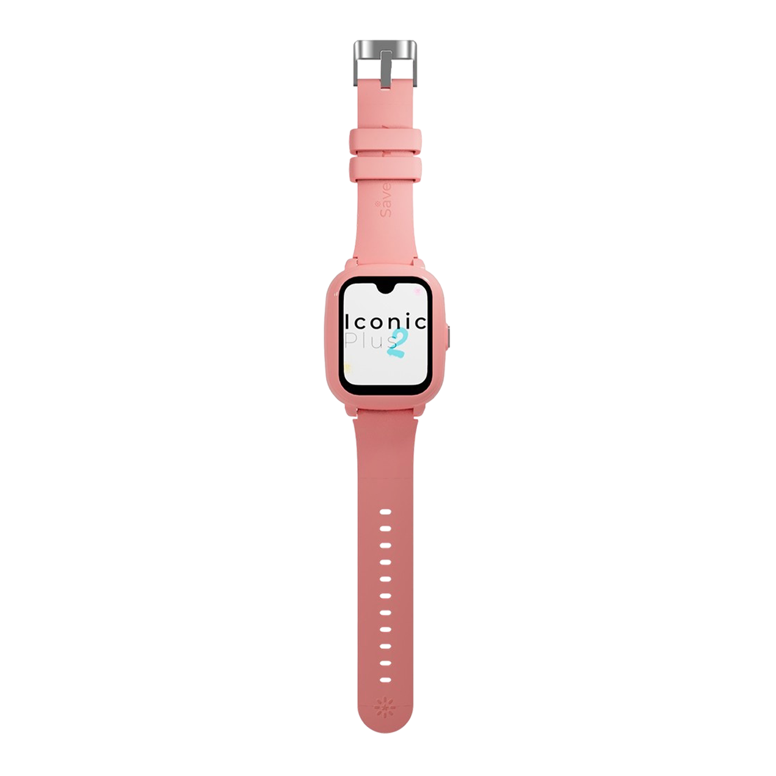 Eine rosa Smartwatch mit einem Bildschirm, auf dem 'Iconic Plus 2' steht. Sie hat ein Armband mit Metallschnalle.