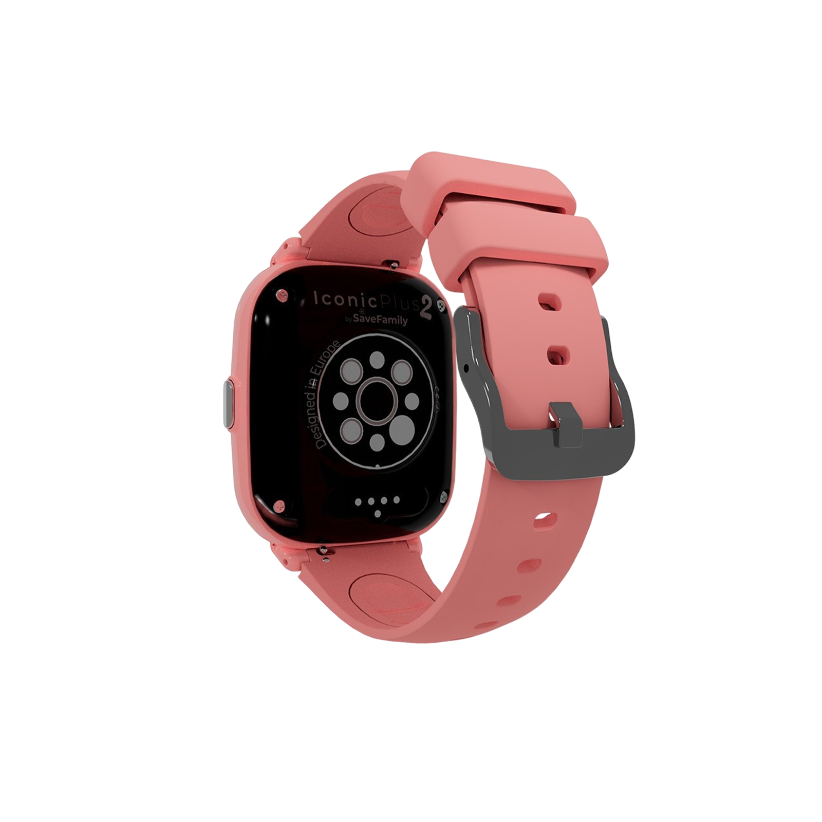 Eine rosa Smartwatch mit schwarzem Bildschirm, der das IconicPlus-Logo anzeigt. Das Armband ist rosa mit einer grauen Schnalle.