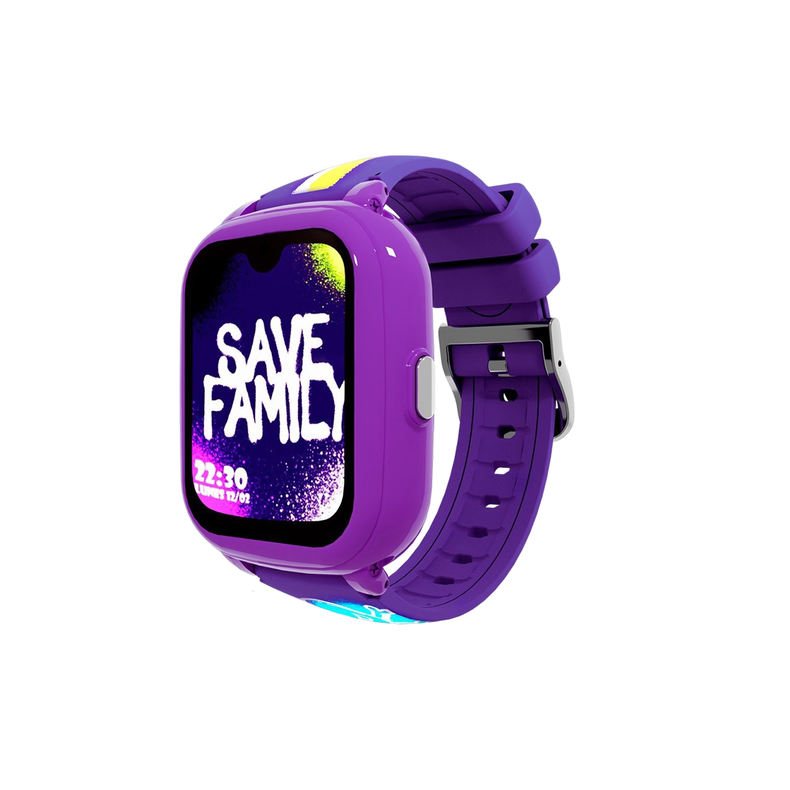Lila Smartwatch mit 'SAVE FAMILY' auf dem Bildschirm. Lila Armband mit Metallschnalle. Weißer Hintergrund.