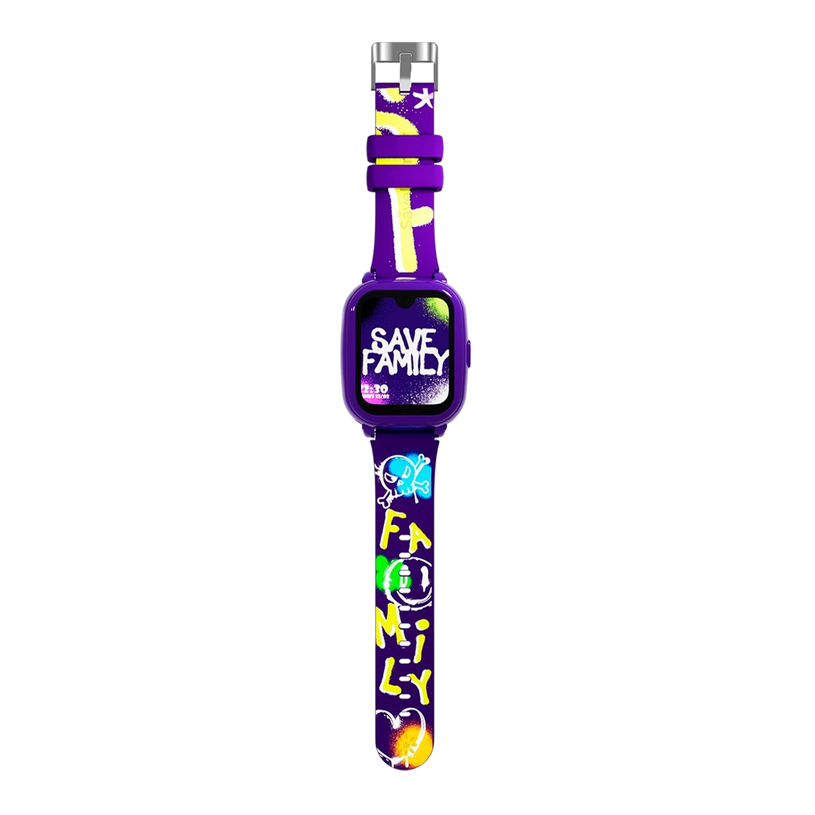 Lila Smartwatch mit 'SAVE FAMILY' auf dem Bildschirm und Graffiti-Text auf dem Armband.