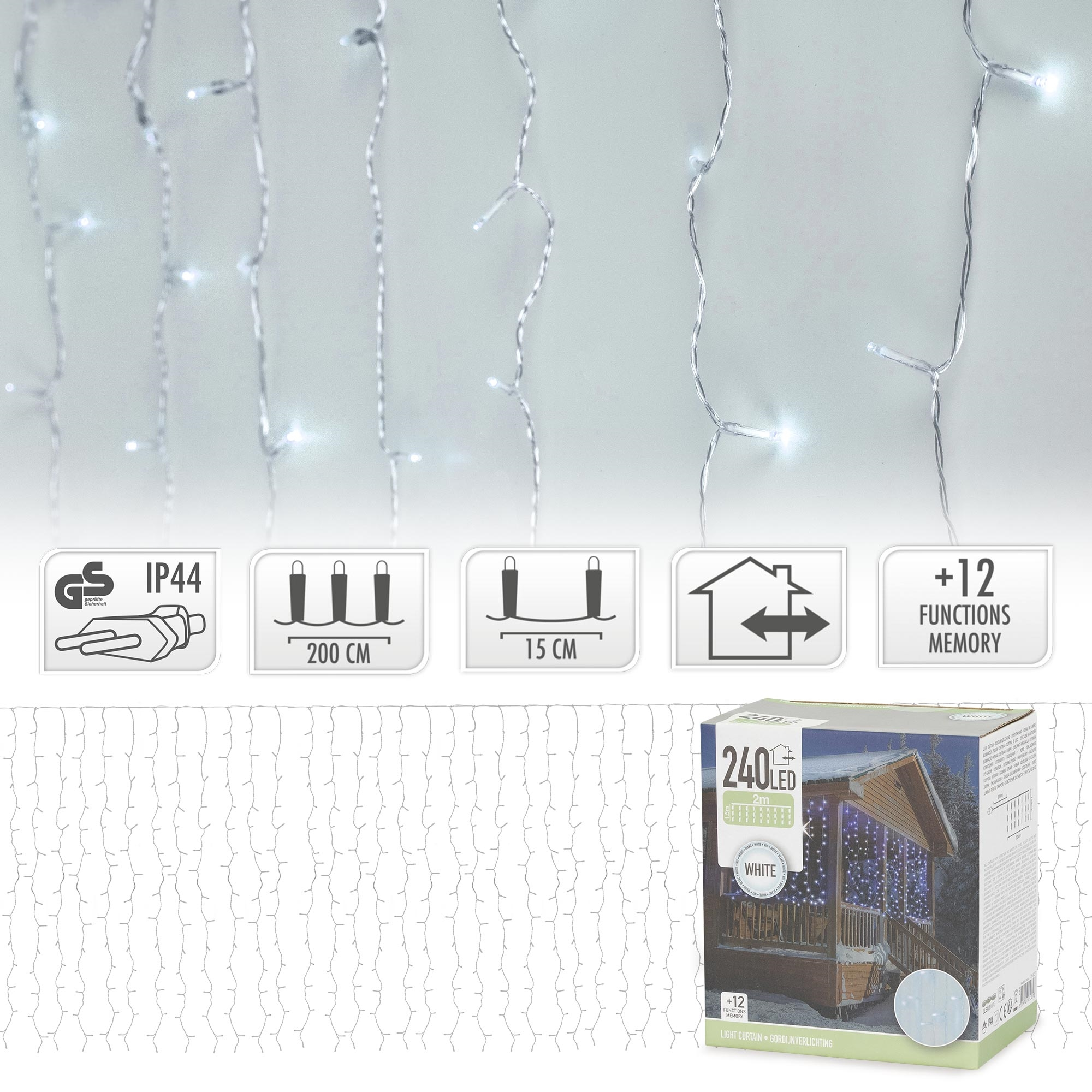 Lichterketten mit weißen LEDs, Produktverpackung mit Hausbild und verschiedenen Symbolen zur Anzeige der Spezifikationen.