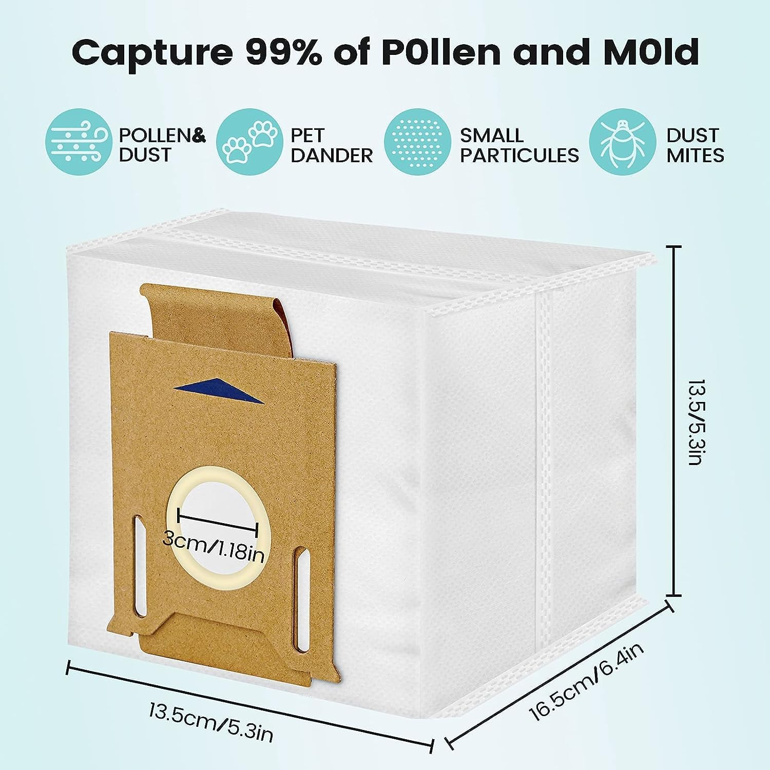 Weißer Filterbeutel mit braunem Papierfilter. Text: Erfasst 99 % Pollen, Staub, Tierhaare, kleine Partikel und Hausstaubmilben.
