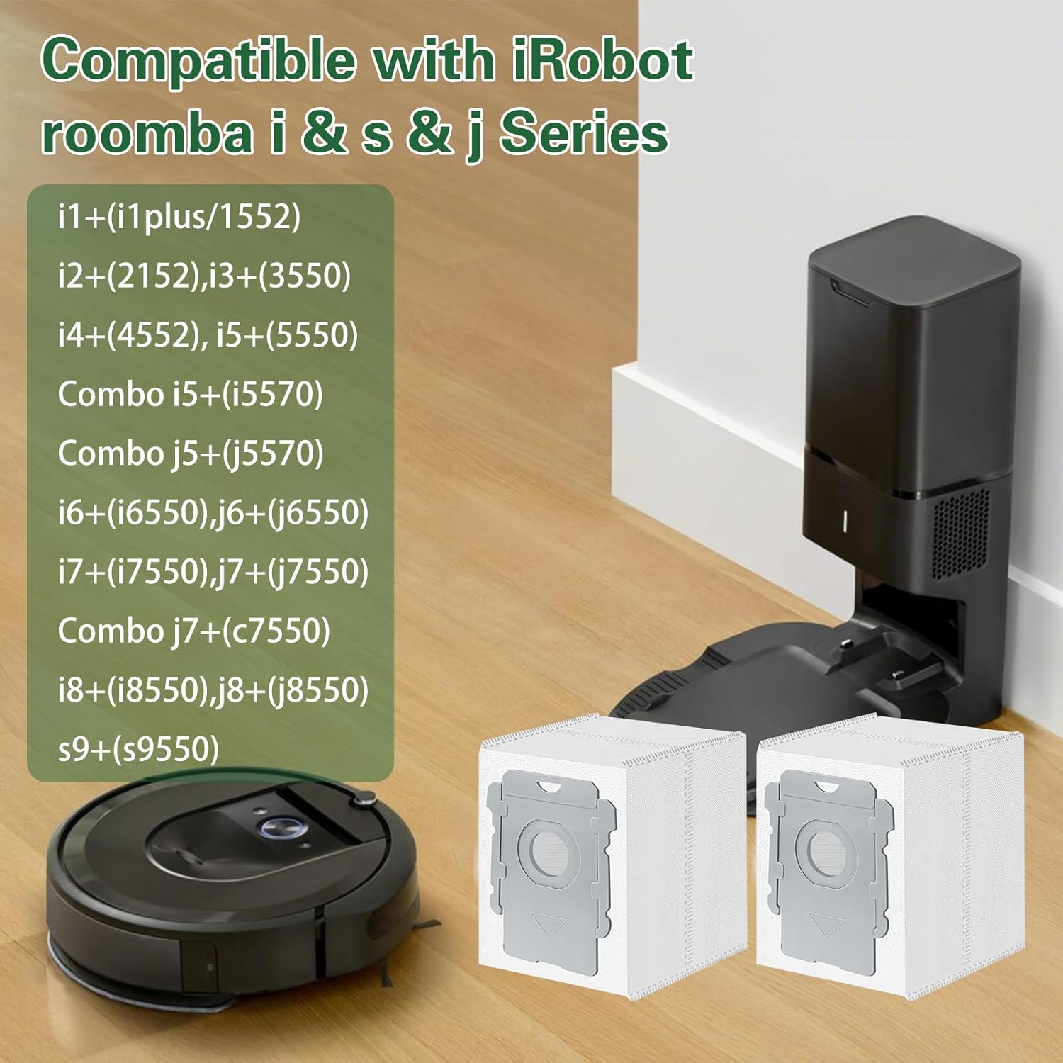 Das Bild zeigt einen Roomba-Staubsauger, eine Ladestation, zwei weiße Beutel und eine Produktkompatibilitätsliste.