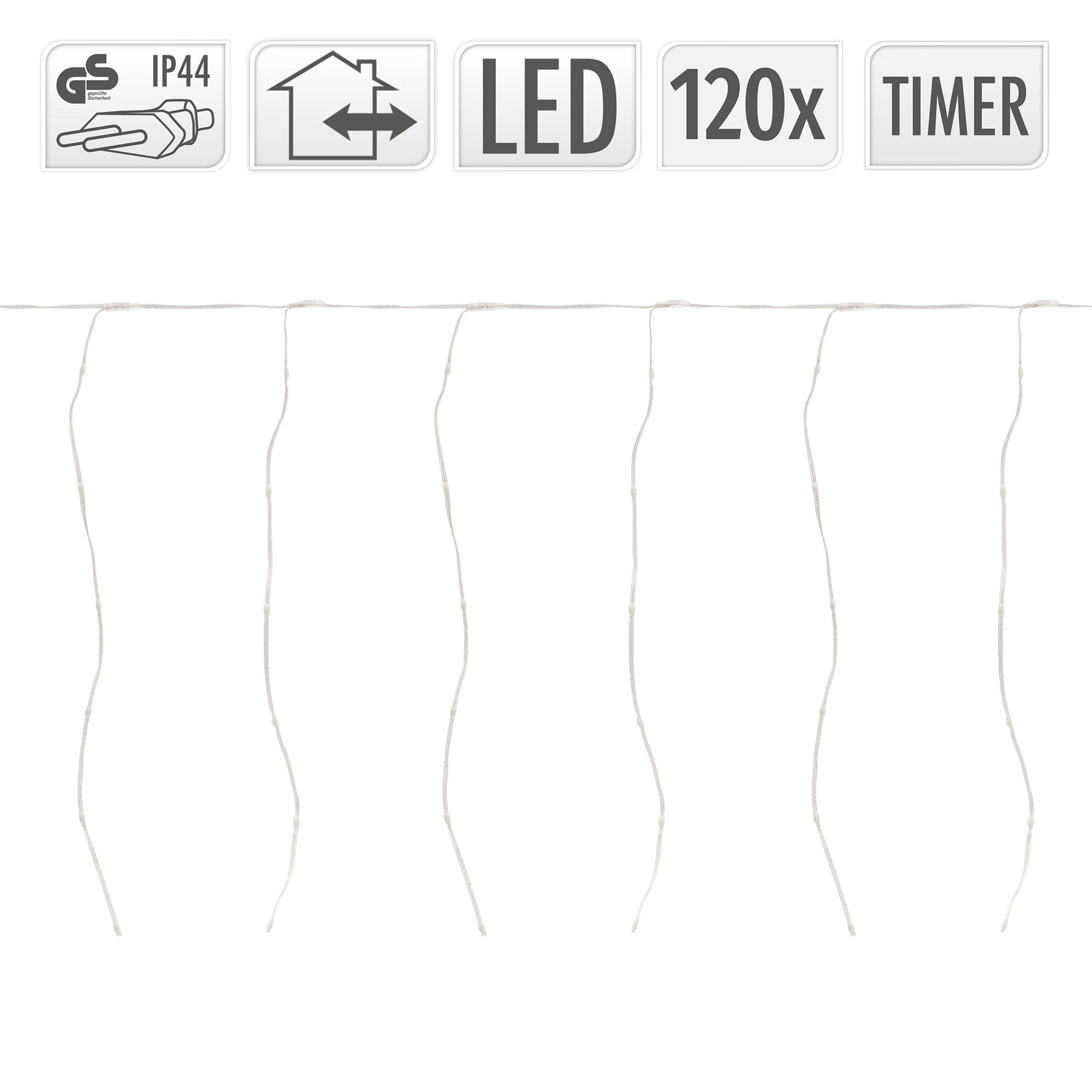 Lichterketten mit LED, 120x und Timer-Symbolen. Weiße Schnüre mit kleinen Lichtern hängen vor weißem Hintergrund.