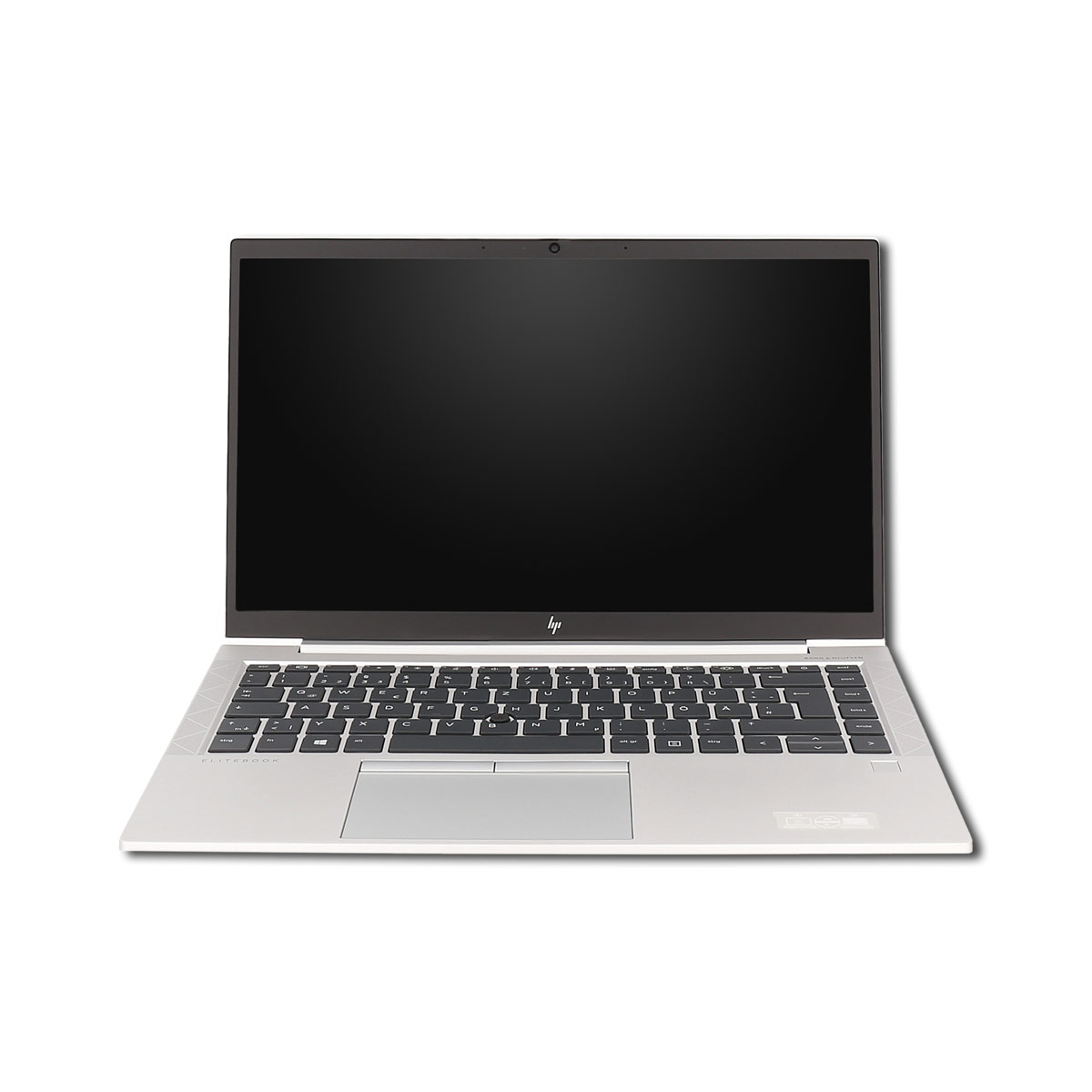 Ein silberner HP-Laptop ist geöffnet auf einer weißen Oberfläche zu sehen. Der Bildschirm ist schwarz, darunter eine Tastatur. Das HP-Logo ist sichtbar.