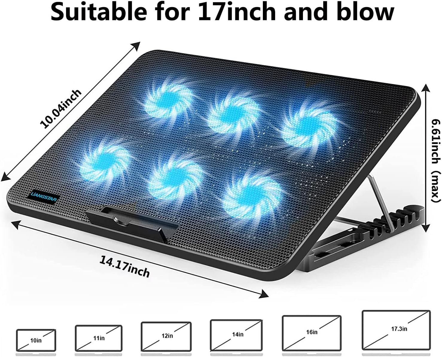 Ein schwarzer Laptop-Kühler mit blau leuchtenden Lüftern. Abmessungen in Zoll sind angegeben. Geeignet für 17 Zoll und darunter.