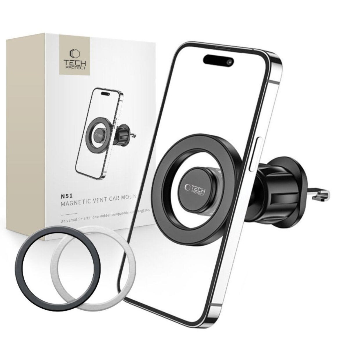 Ein Handy- und Autohalterungs-Kit. Enthält ein Telefon mit einem Magnetkreis, eine Halterung und eine Box. Die Halterung ist schwarz.