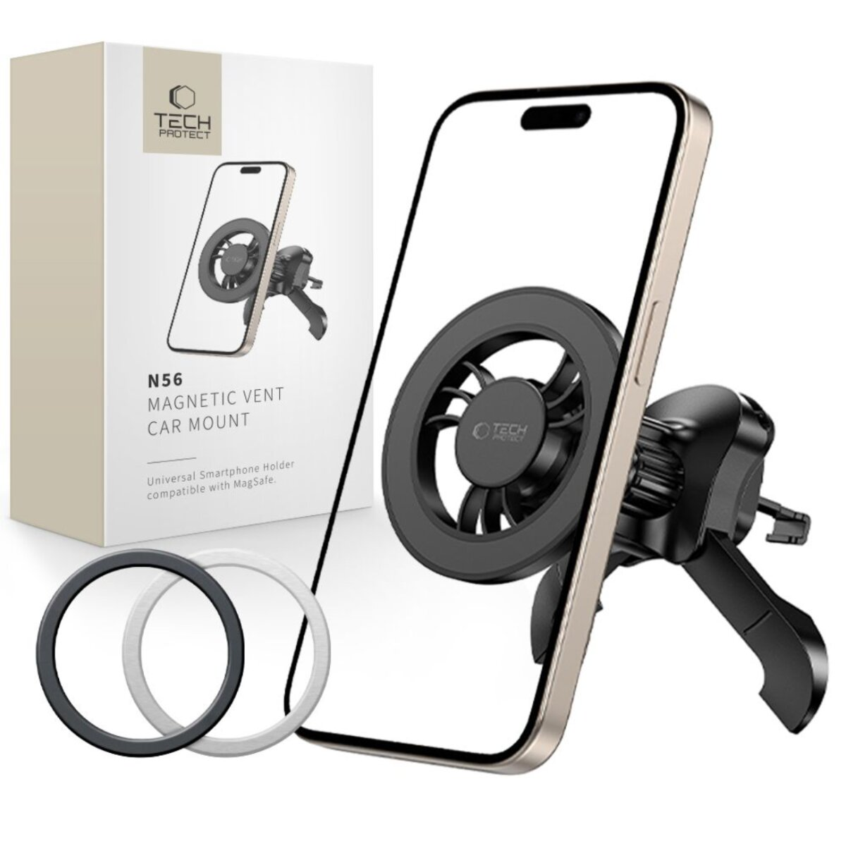 Eine Smartphone-Autohalterung mit Telefon, Box und austauschbaren Ringen. Die Halterung ist schwarz, die Box ist weiß mit Text.