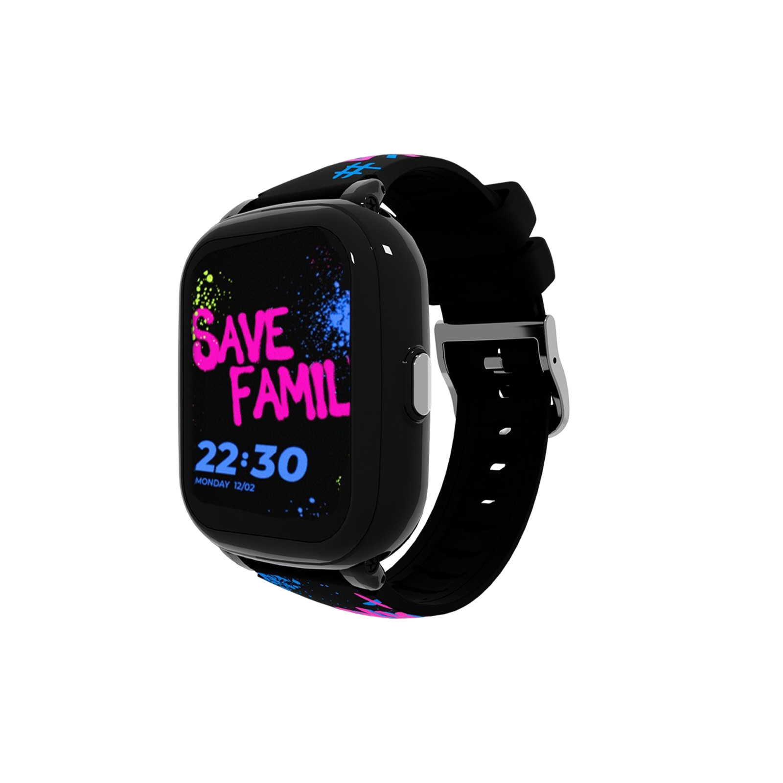 Schwarze Smartwatch mit schwarzem Armband, das den Text 'SAVE FAMIL' und die Uhrzeit anzeigt. Das Armband hat farbige Akzente.