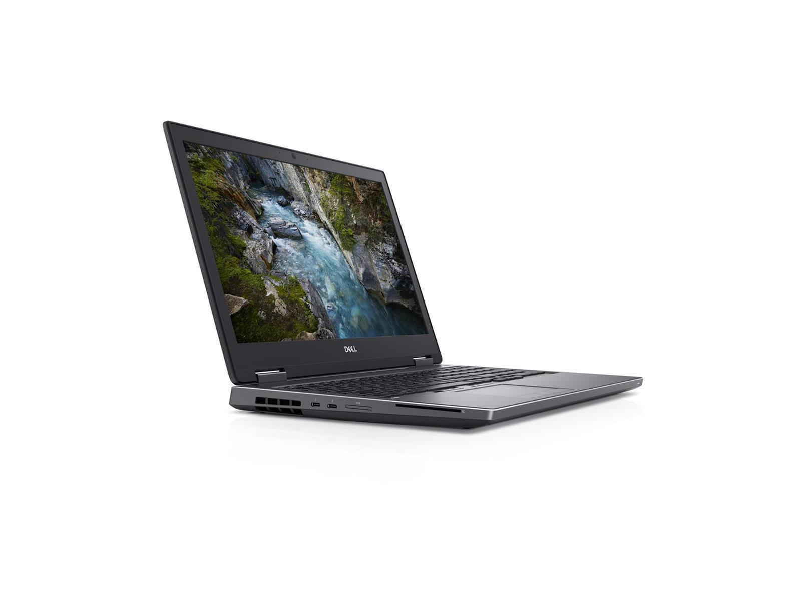 Ein Dell-Laptop ist geöffnet und zeigt eine Flussszene. Der Laptop ist schwarz und silber, vor weißem Hintergrund.
