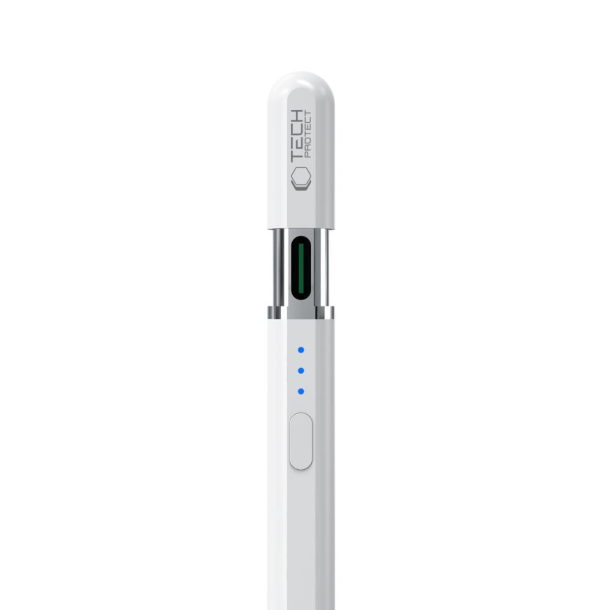 Ein weißer TECH PROTECT Vape Pen wird vertikal vor weißem Hintergrund dargestellt. Er hat blaue Statusleuchten und einen Knopf.