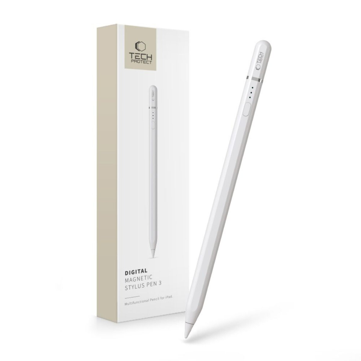 Ein weißer Stift und seine Schachtel. Die Schachtel hat den Markennamen. Der Stift ist schräg und steht auf weißem Hintergrund.