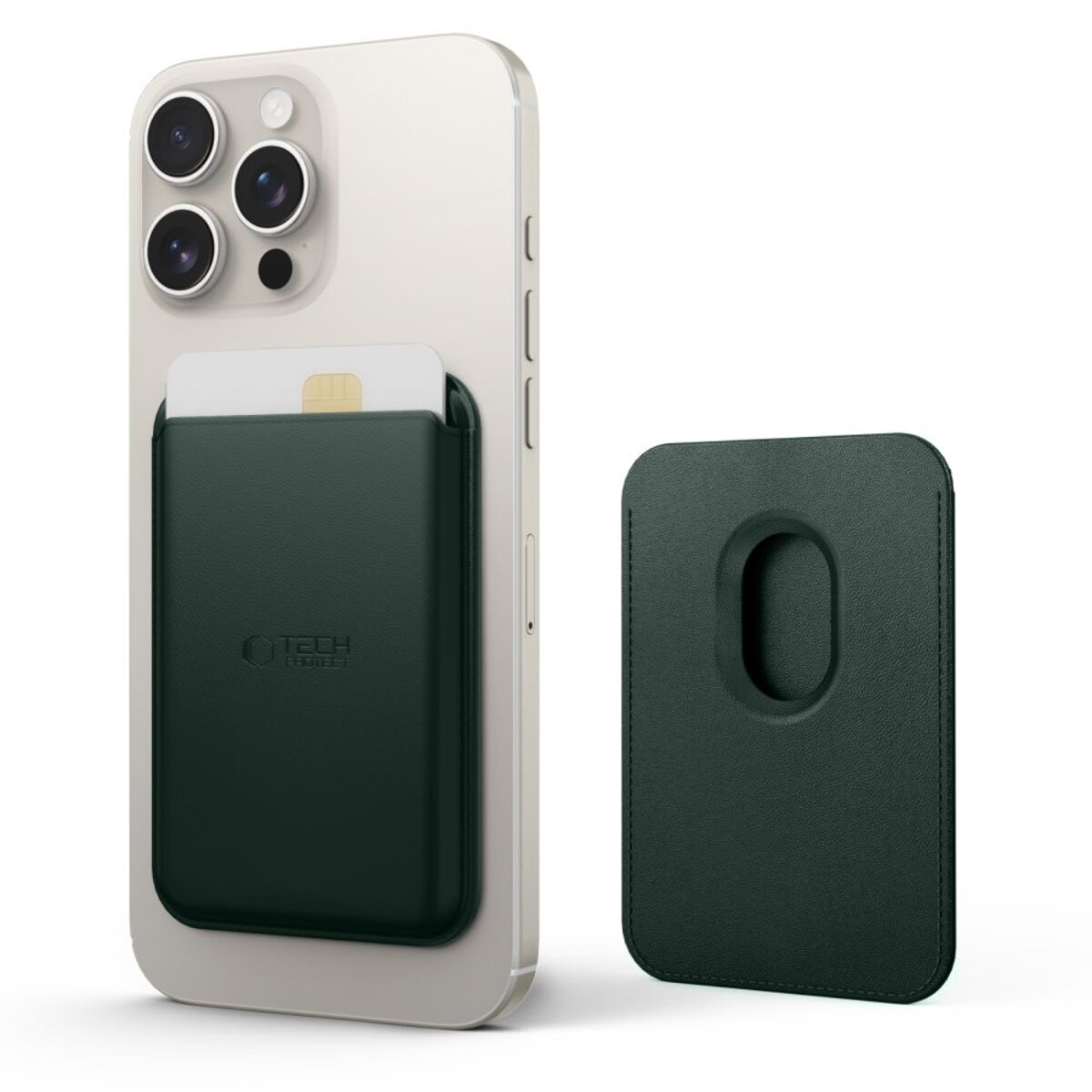 Ein iPhone mit angebrachtem grünem Kartenhalter. Ein separater grüner Kartenhalter ist ebenfalls sichtbar. Beide Artikel auf weißem Hintergrund.