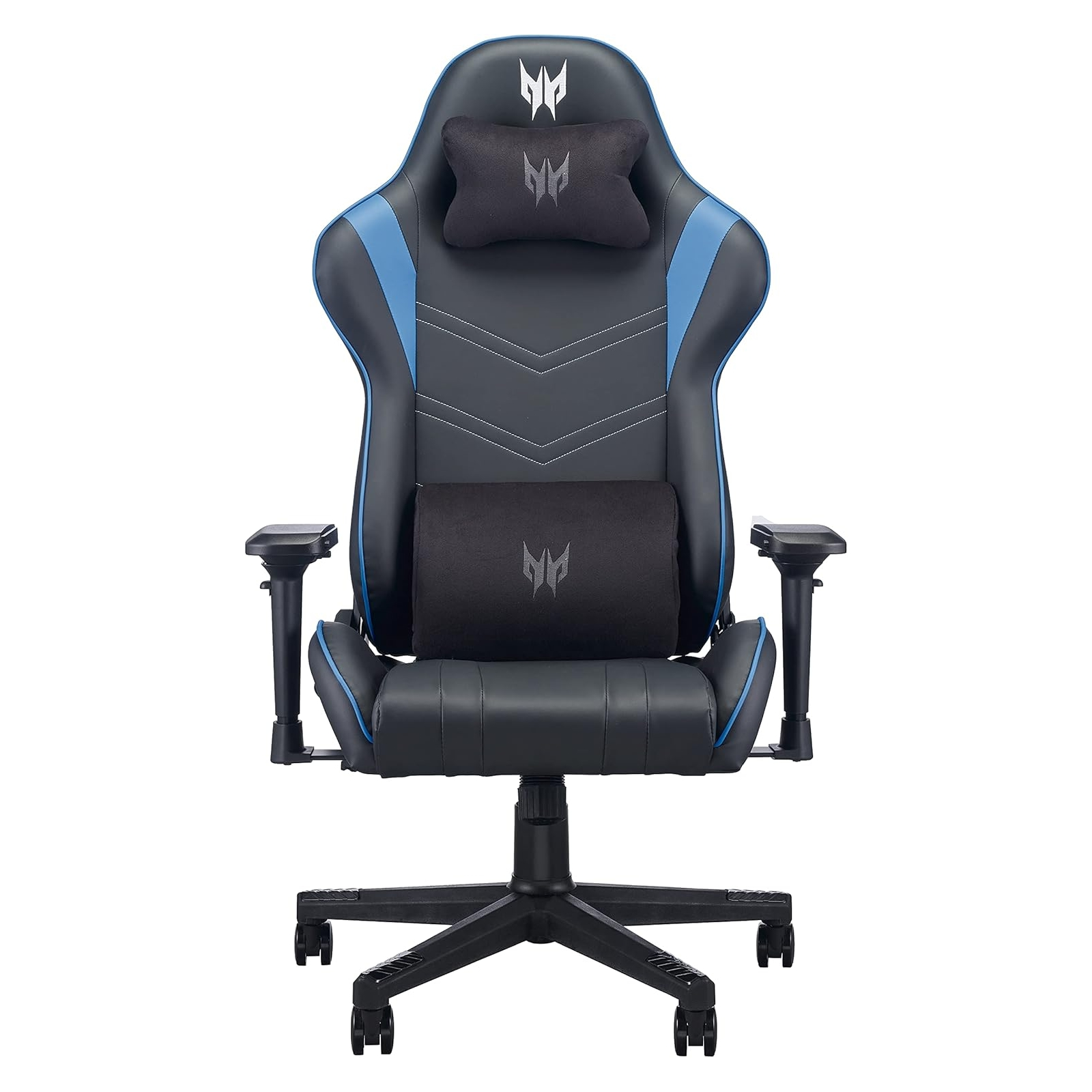 Una sedia da gaming nera e blu con poggiatesta e supporto lombare, su sfondo bianco.
