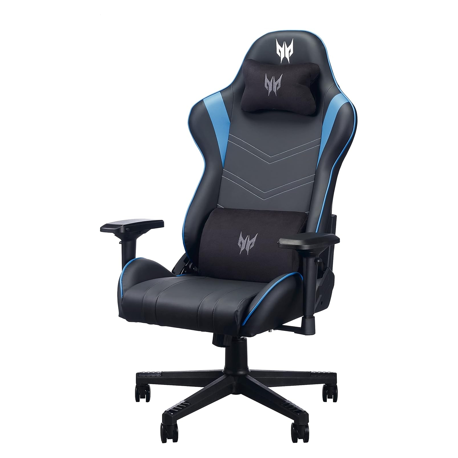 Sedia da gaming. Nera e blu, con braccioli, cuscini per schiena e testa. Logo Predator sui cuscini e sullo schienale.