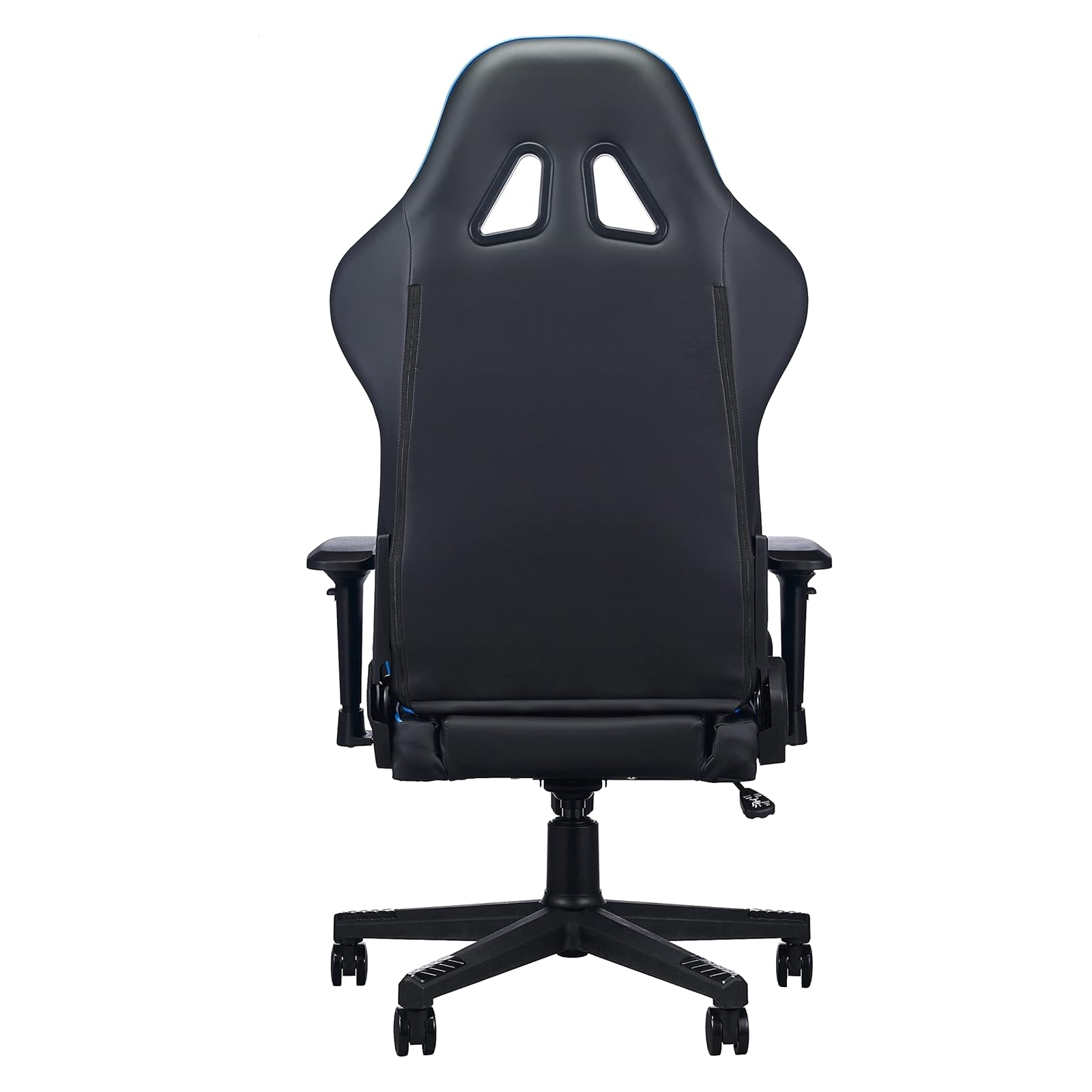 Una sedia da gaming nera è mostrata da dietro. Ha dettagli blu, braccioli e una base a cinque stelle con ruote.