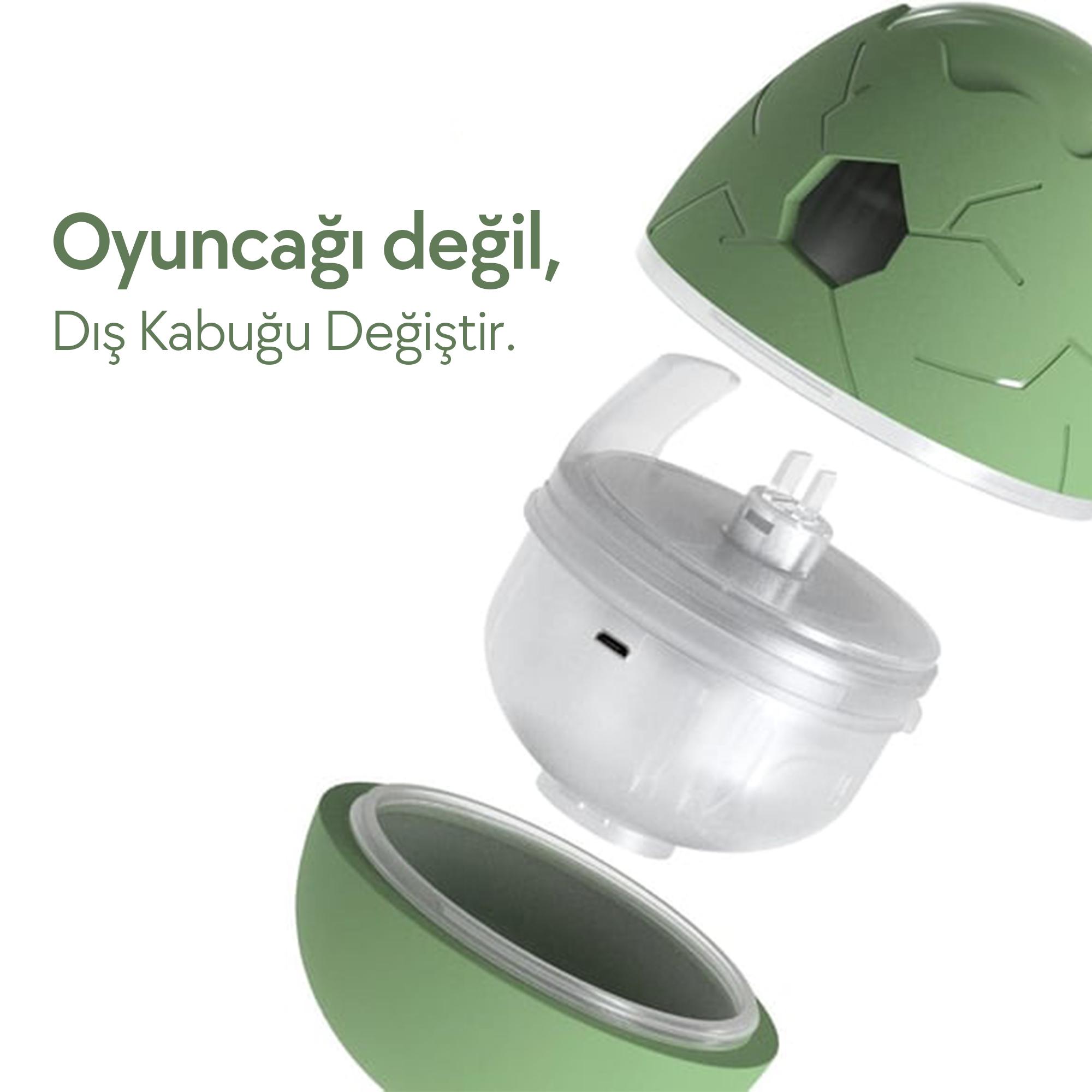 Yeşil yumurta şeklinde kap, açık. Şeffaf iç kısım görünür. Türkçe metin: Oyuncak değil, kabuğu değiştirin.