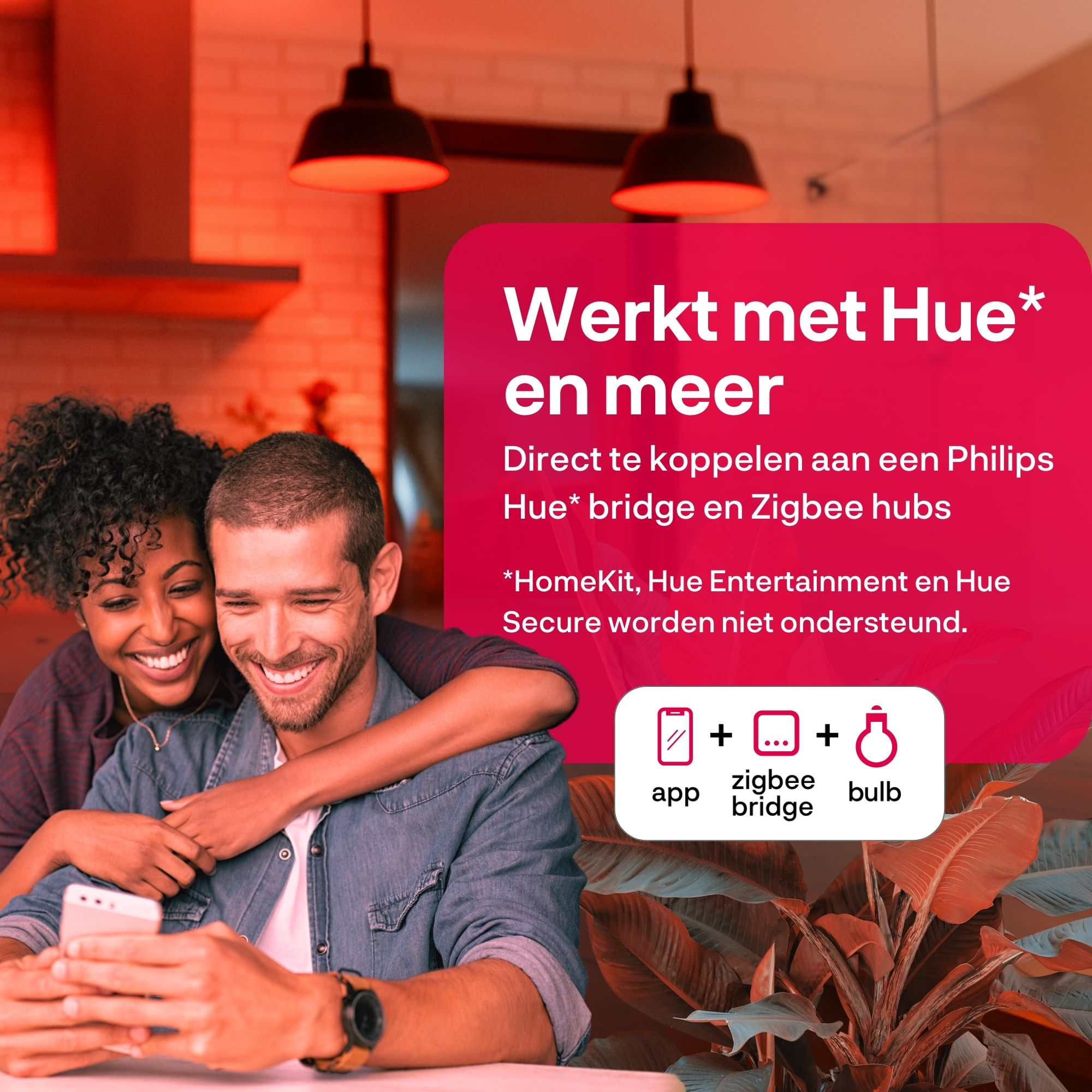 Ein lächelndes Paar betrachtet ein Telefon. Text sagt 'Funktioniert mit Hue' und erwähnt Bridge und Zigbee Hubs.