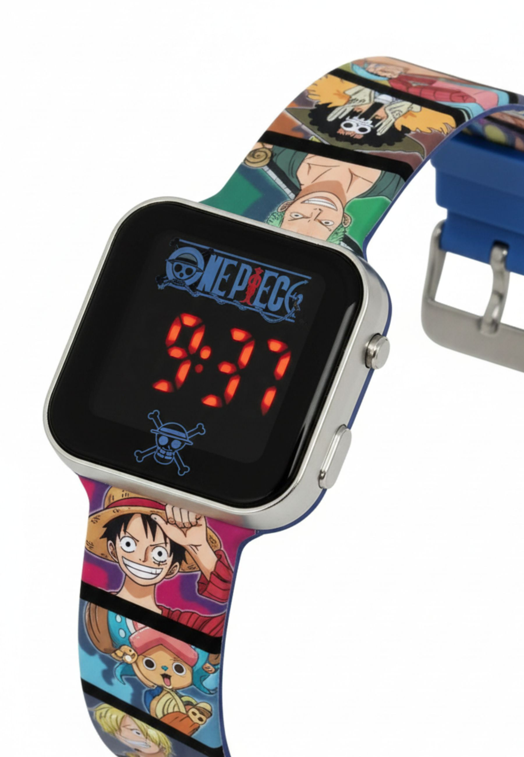 Un orologio di One Piece mostra l'ora 9:37. Ha un cinturino blu e uno schermo con personaggi dell'anime.