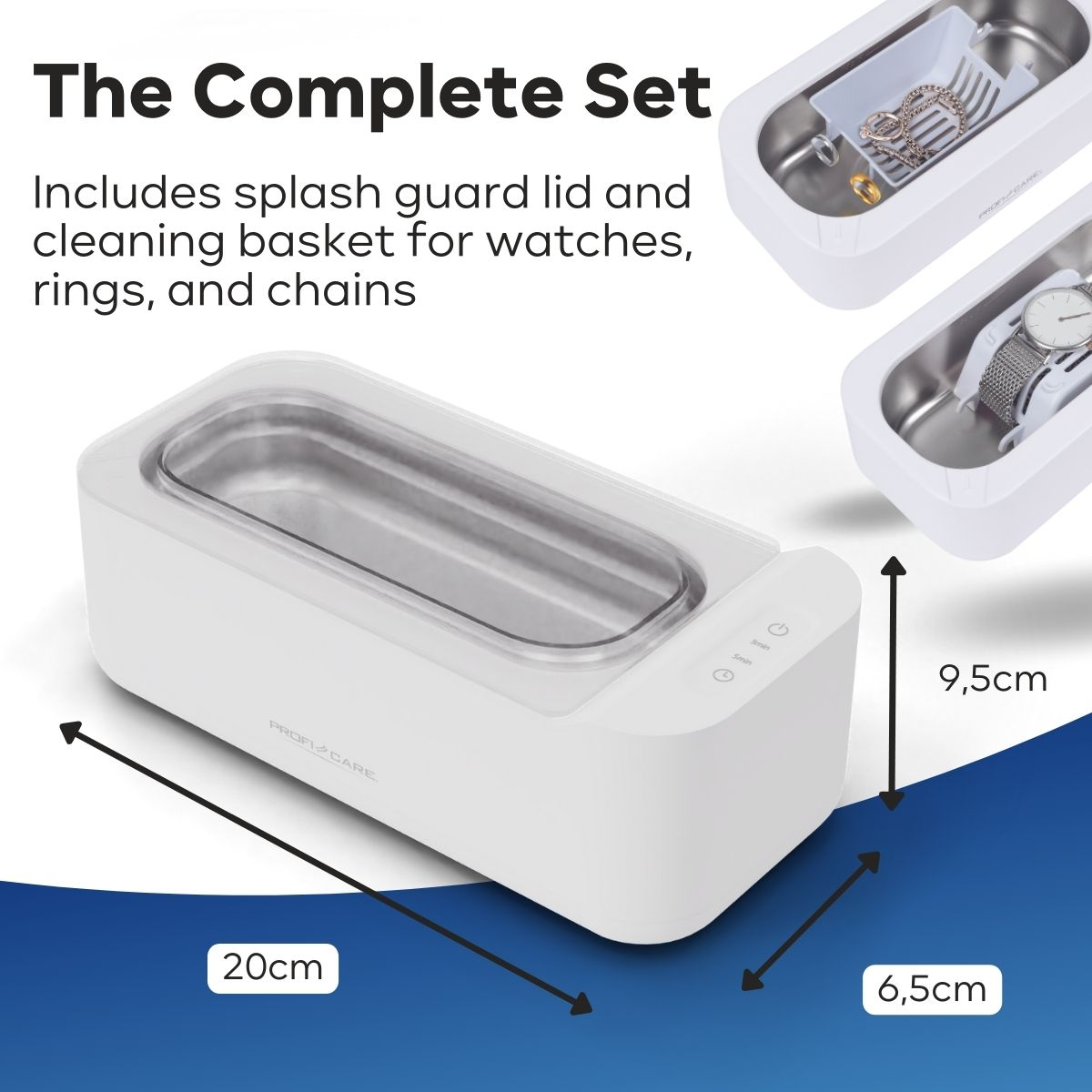 Biała myjka ultradźwiękowa z pokrywą. Zawiera koszyk do czyszczenia biżuterii i zegarków. Wymiary: 20cm, 9,5cm i 6,5cm.