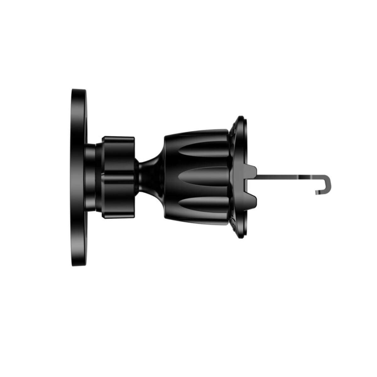 Schwarzer Autotelefonhalter mit kreisförmiger Basis und Haken. Der Halter ist auf weißem Hintergrund montiert.