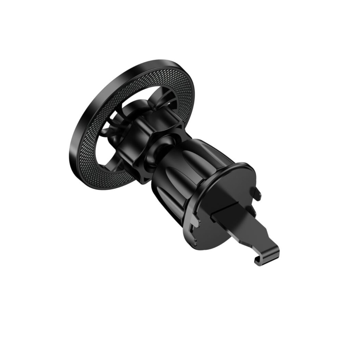 Ein schwarzer Handyhalter für die Lüftungsschlitze im Auto. Er hat ein kreisförmiges Design mit einem strukturierten Ring und einem Clip.
