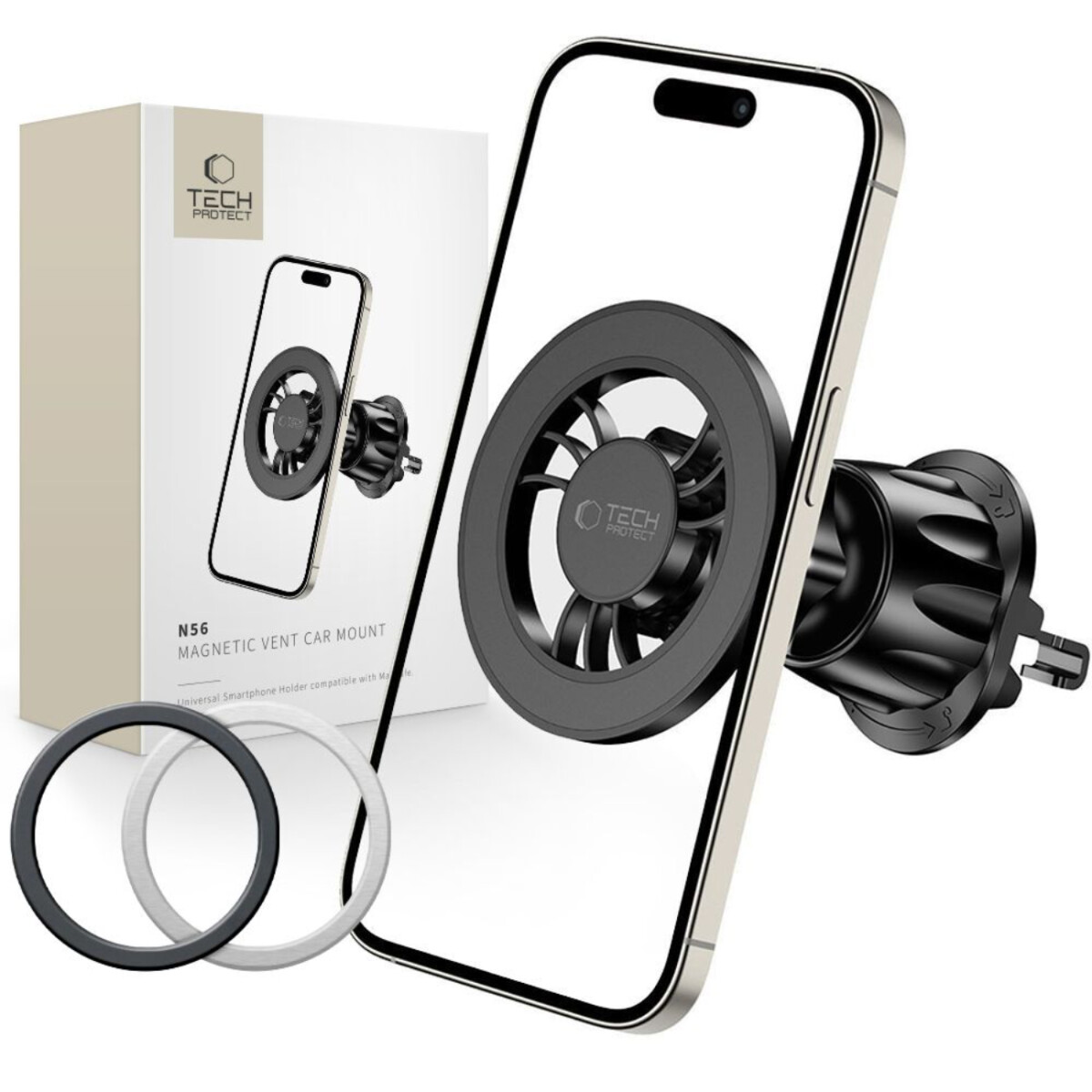 Ein Telefon mit einer schwarzen Autohalterung wird angezeigt. Im Hintergrund befinden sich eine Schachtel und zwei Ringe. Das Telefon zeigt die angebrachte Halterung.