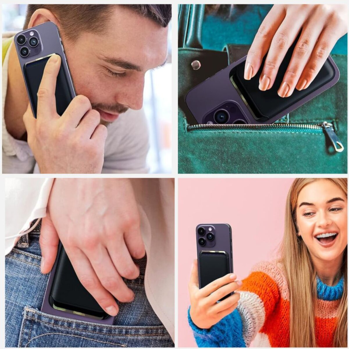 Vier Bilder zeigen ein Telefon mit Kartenfach. Personen halten, benutzen und tragen das Telefon. Die Farben des Telefons sind lila und schwarz.