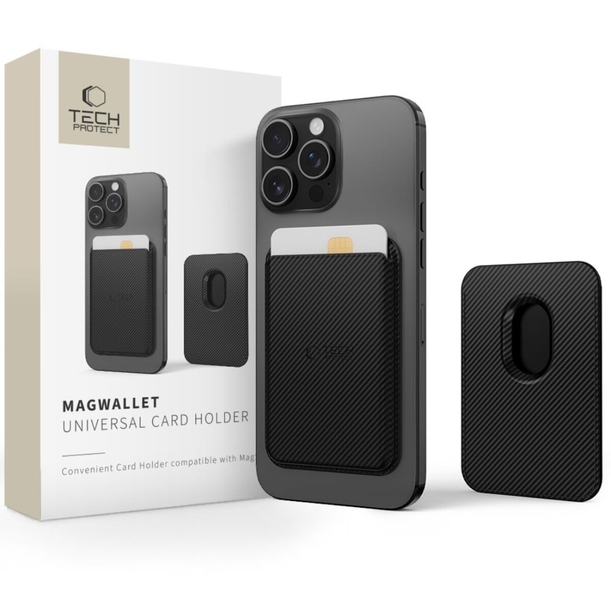 Produktaufnahme eines schwarzen MagWallet-Kartenhalters, der an einem Telefon befestigt ist. Eine Box und ein separater Halter sind ebenfalls sichtbar.