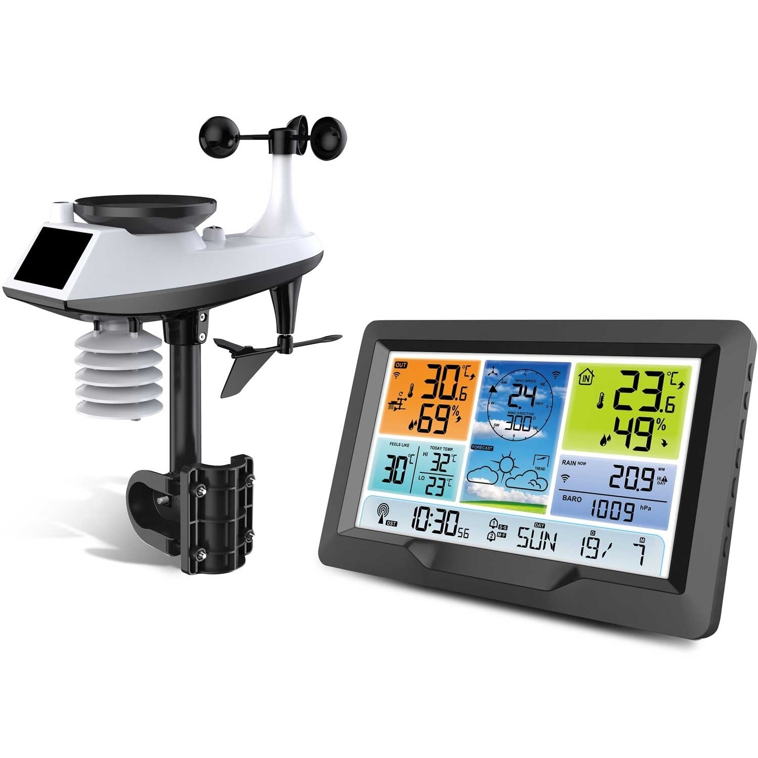 Una estación meteorológica muestra temperatura, humedad y datos de pronóstico. Tiene un sensor exterior con veletas y una pantalla digital interior.