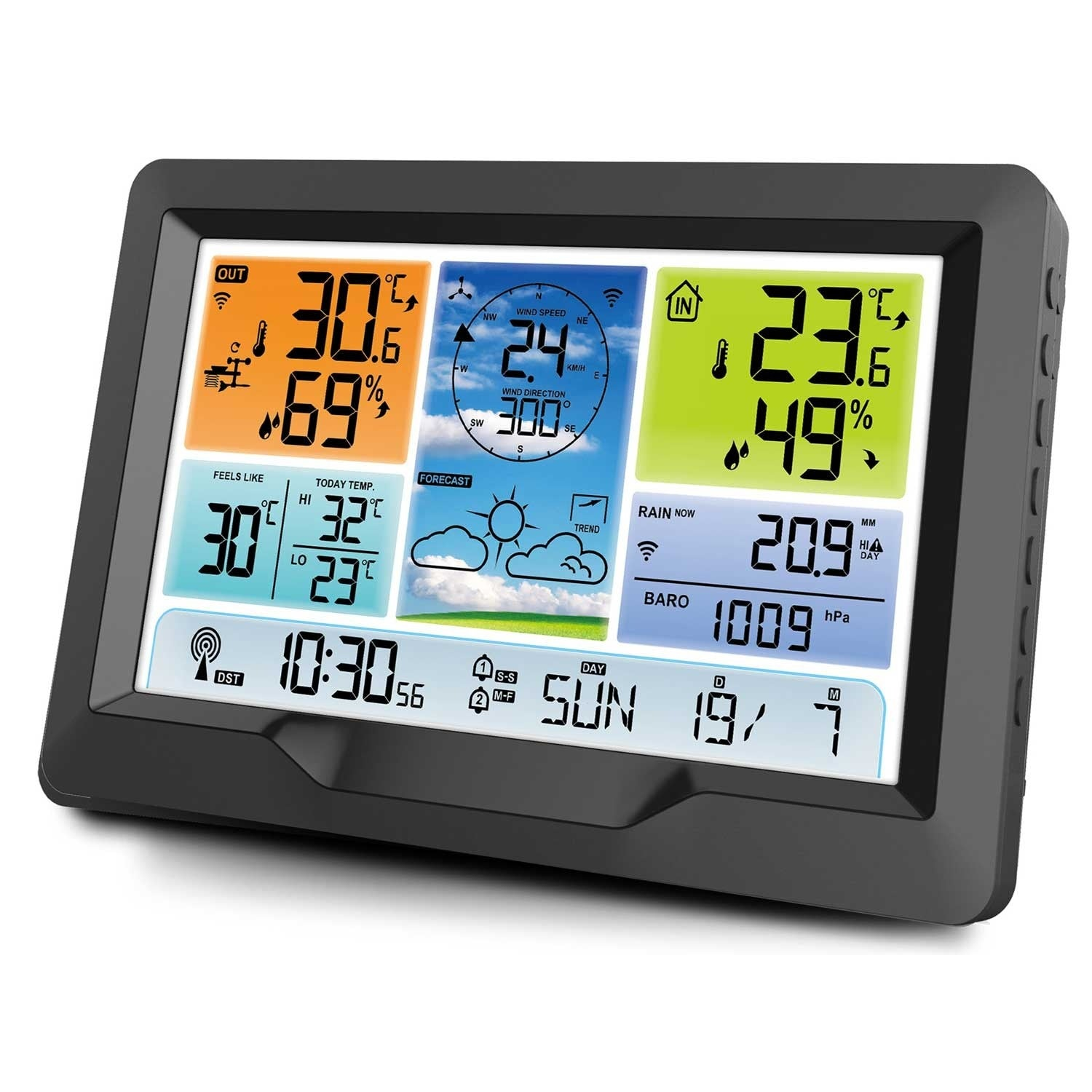 Una estación meteorológica digital muestra la temperatura, humedad, viento e información del pronóstico. La pantalla es negra, con una variedad de datos.